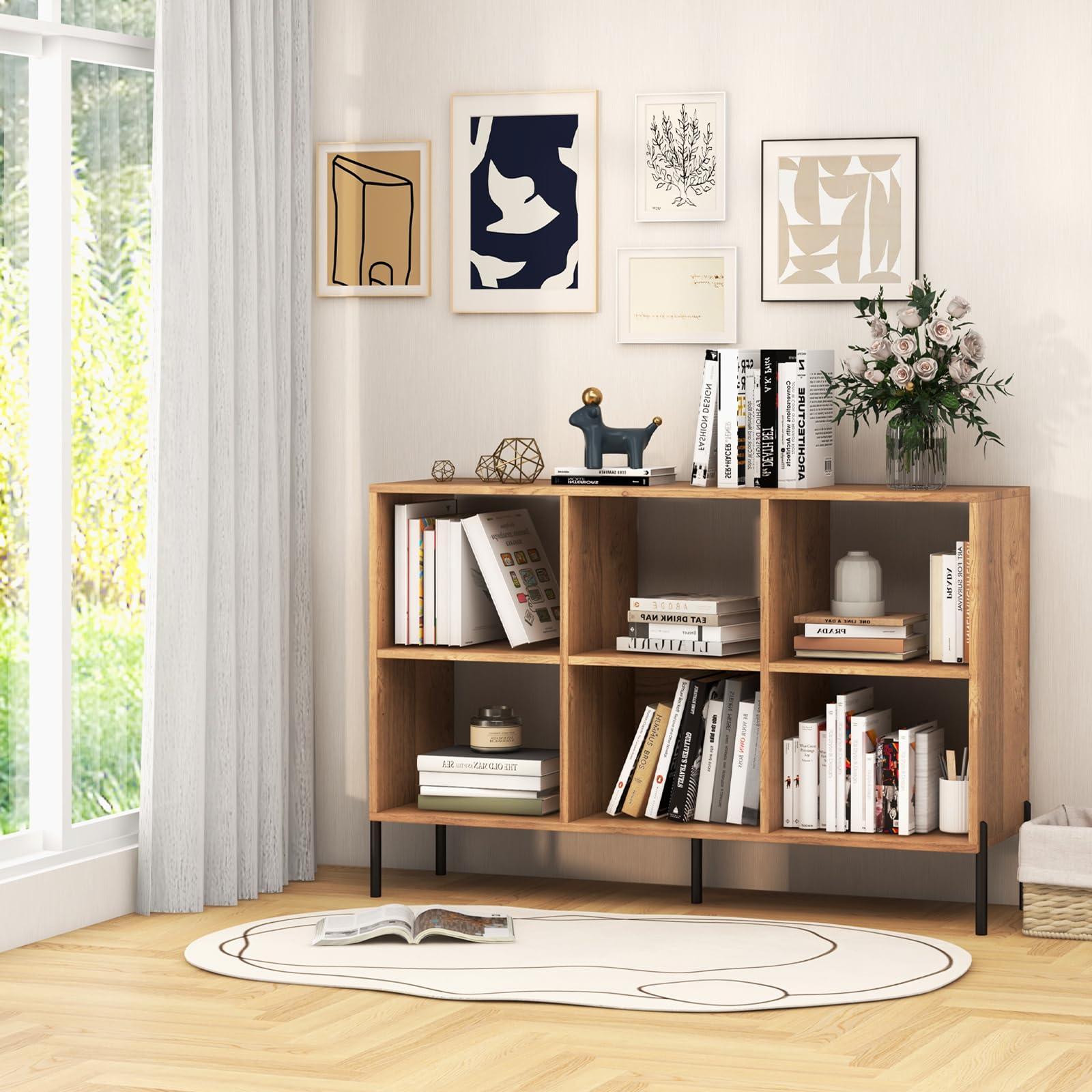 HOMASIS Bibliothèque Basse en Bois à 6 Cubes (Naturel)