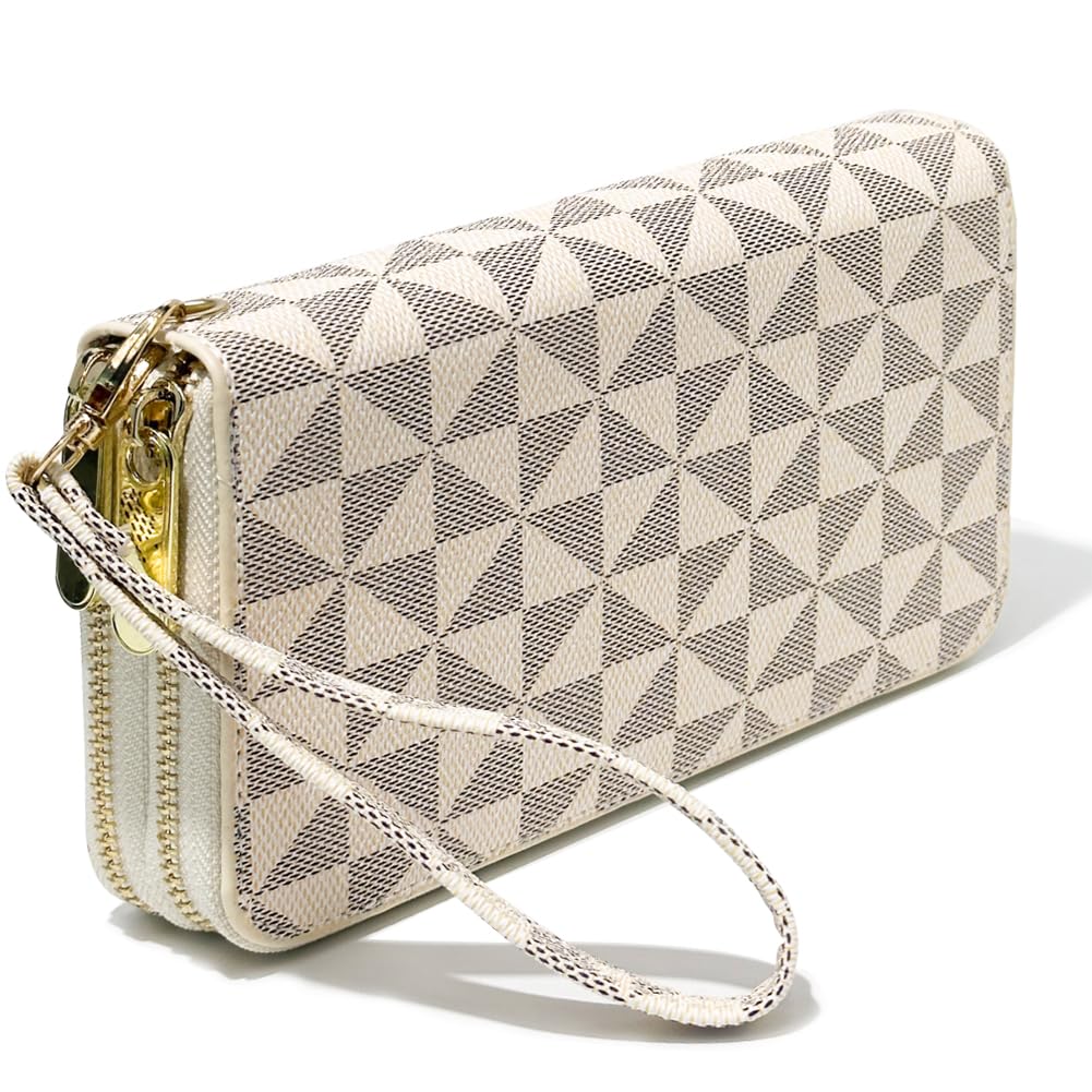 Veki Women's Wallet Double Zipper Pocket Wallets with Wrist Strap, Leather Credit Card Purse for Women Men (White)