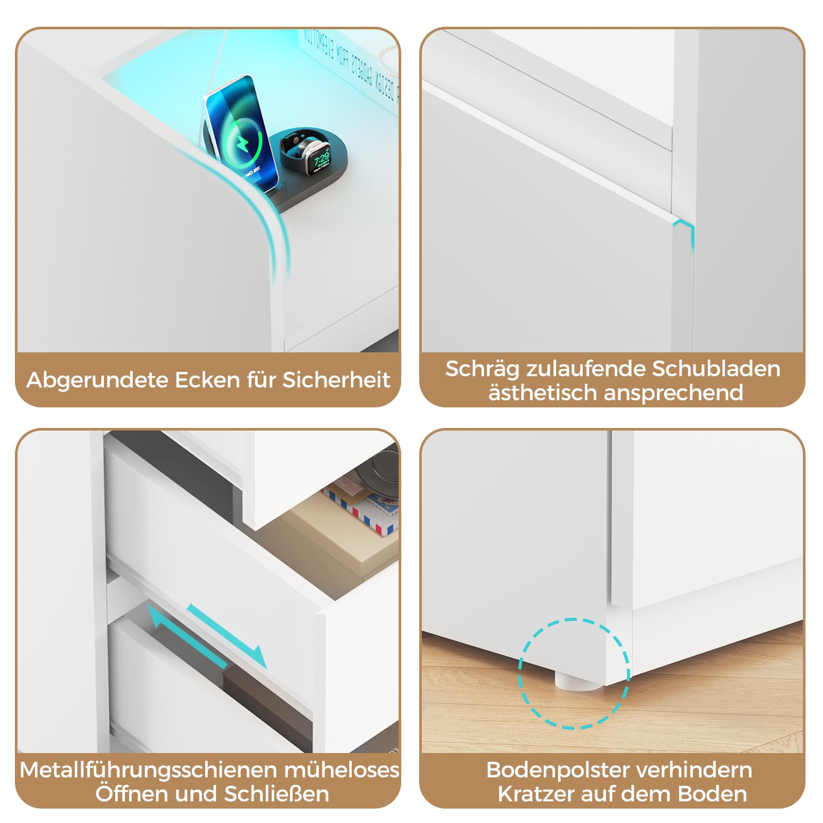 ANWBROAD Nachttisch mit Steckdose,Nachtschrank mit LED-Lichtleiste | 3 Schubladen und 1 Fach,Moderner Nachttische Beistelltisch,Sofatisch für Schlafzimmer,Wohnzimmer (2, Weiß) BNS014W