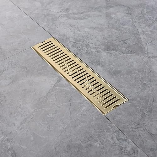 Miniatura 2 de Desagüe lineal de ducha dorado cepillado de 12 pulgadas, rejilla rectangular extraíble con patrón de cápsula de drenaje de ducha con adaptador de