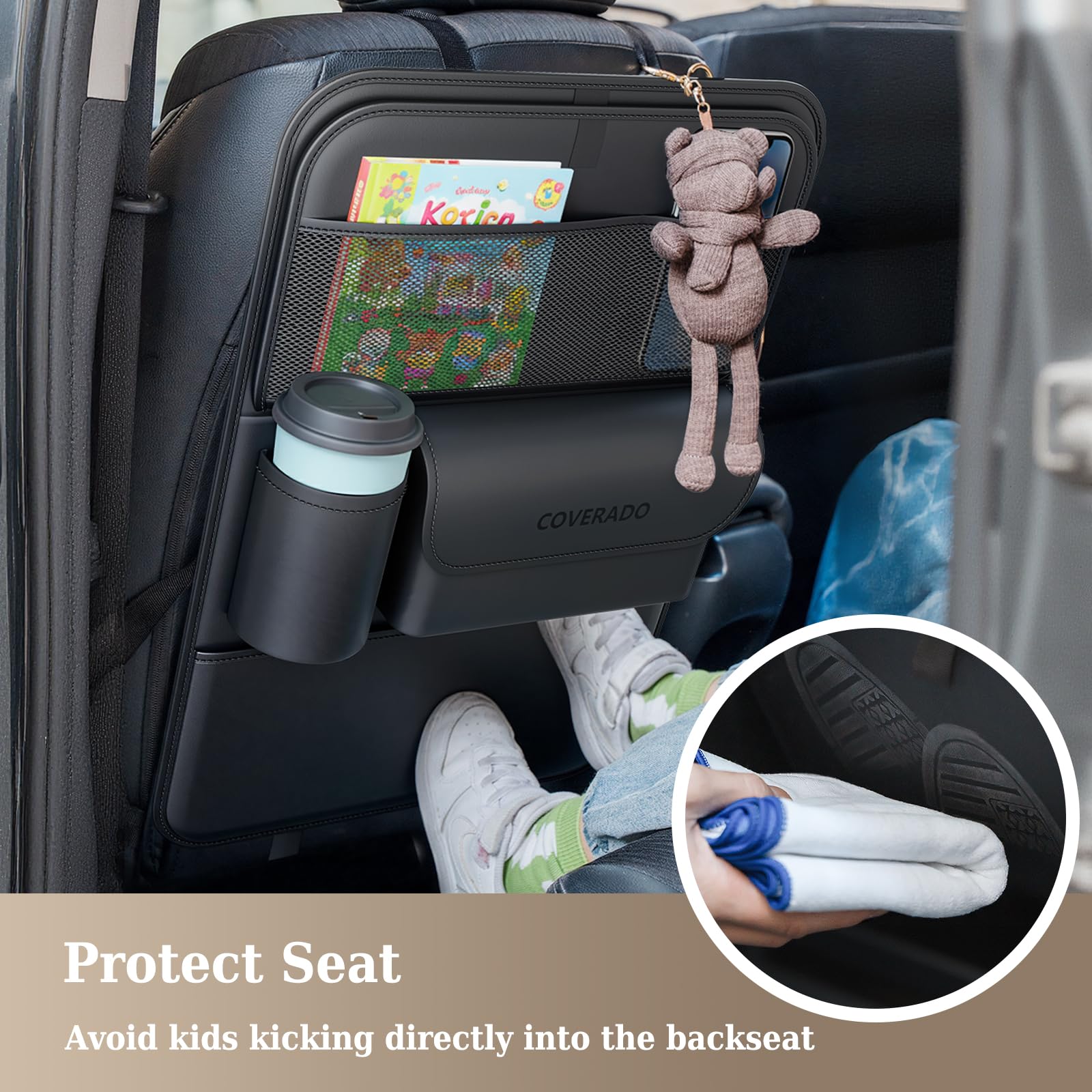 Coverado Organizer Sedile Auto, Pelle Nappa Schienale Protezione Sedile Auto Bambini Impermeabile Posteriore Sedile Organizzatore con con Supporto della compressa/Vassoio pieghevole per alimenti
