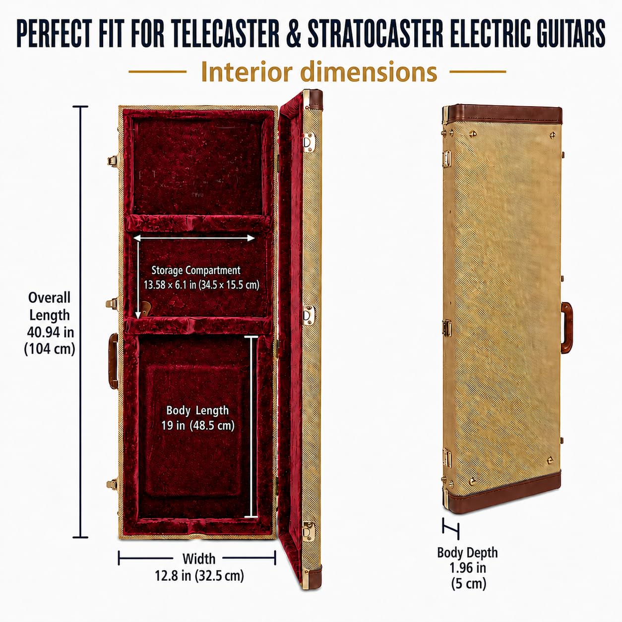 Crossrock Etui na gitarę elektryczną Master Series do Fender Stratocaster i Telecaster, tkanina tweedowa na zewnątrz, przeprojektowana drewniana powłoka, skórzany uchwyt (CRW720EFT)