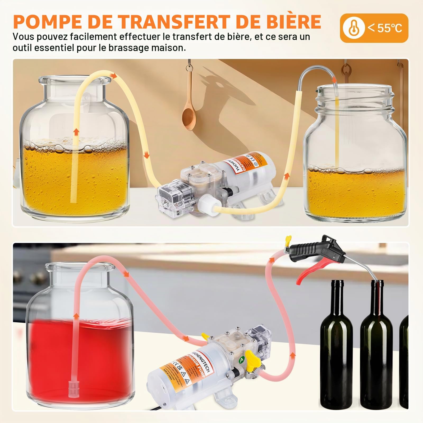 YUCHENGTECH Pompe a Vin Electrique Auto-amorçante 12V avec Contrôle Débit | Pompe de Transfert Qualité Alimentaire, Pistolet de Remplissage Liquide,Tuyau 4m,2 Filtres Inclus,pour Bière/Vin/Boissons