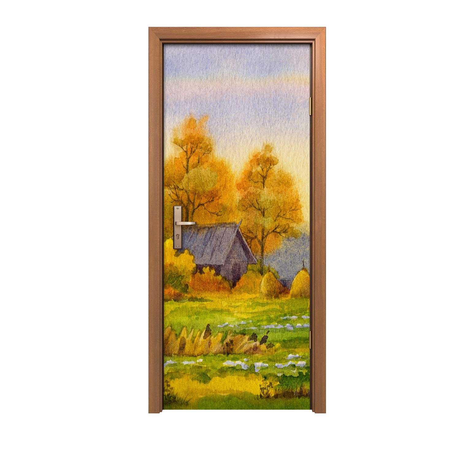 Autocollant de porte village d automne pour créer un salon chaleureux et cosy