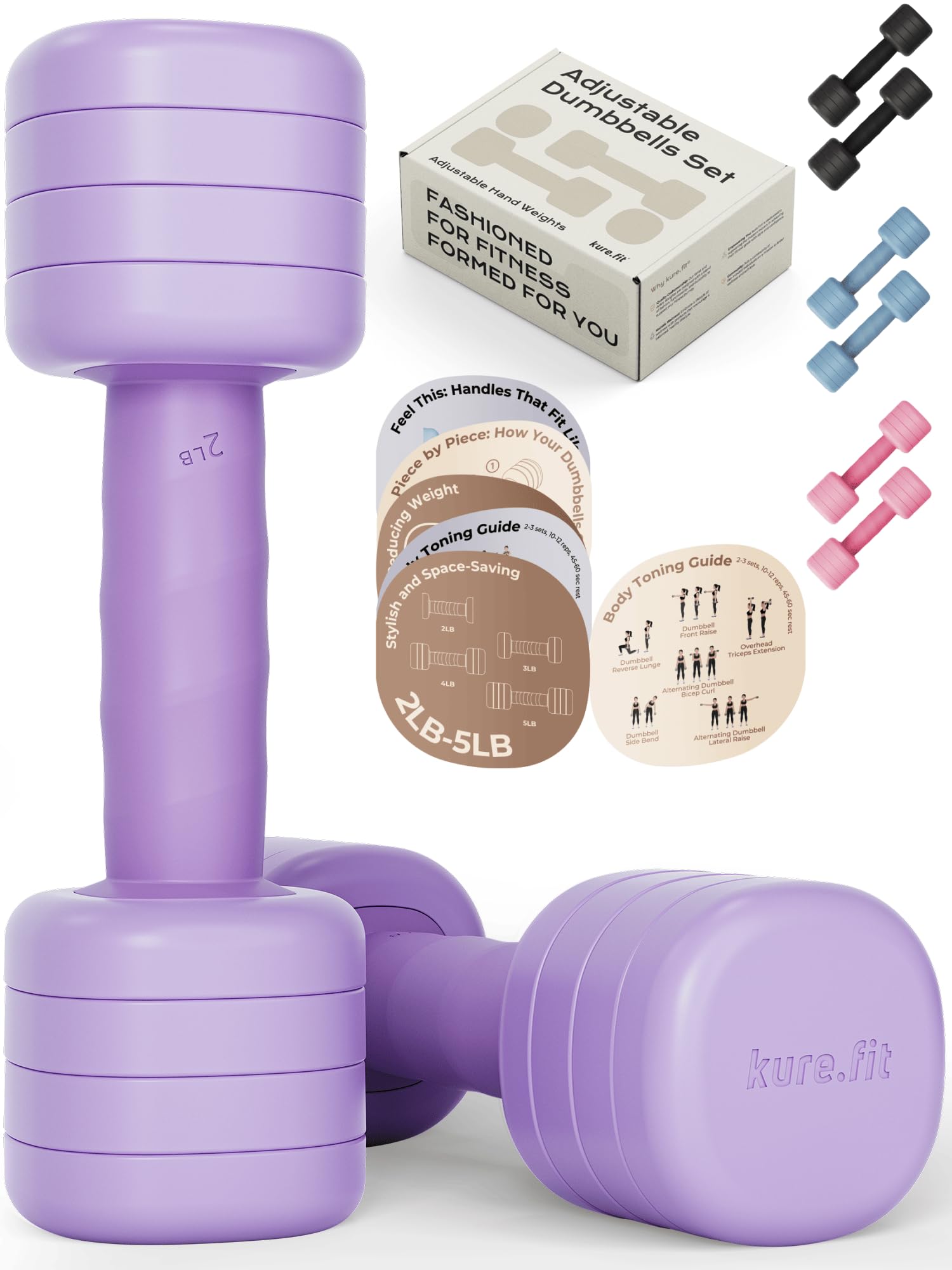 kure.fit Adjustable Dumbbell Set?2LB 3LB 4LB 5LB Light Hand Weights for Women?One-Twist Weight Adjustment?Non-Slip Curved Grip Handle?Free Weights for Home Gym, Rehab, Pilates, Yoga, Strength Training