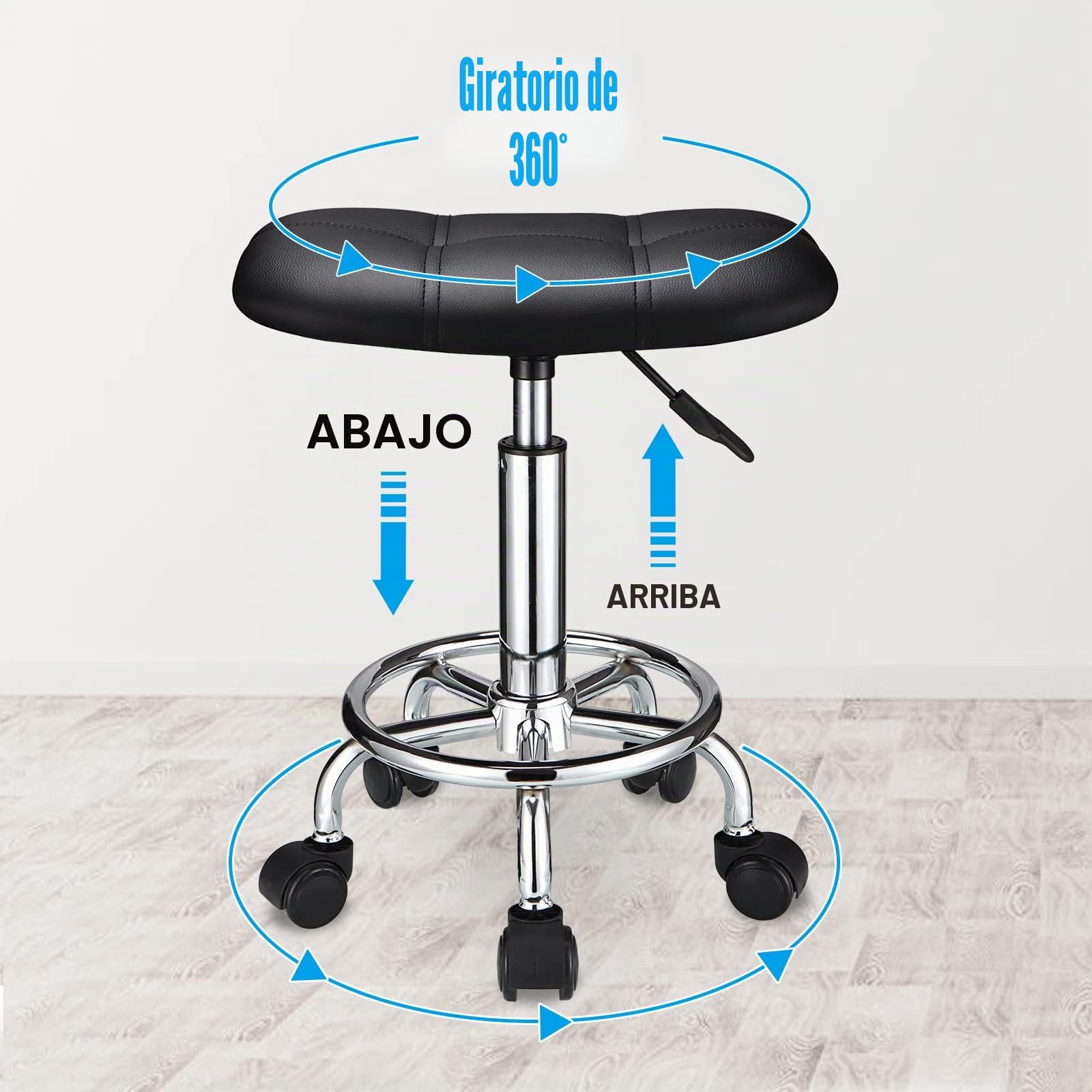 HMTOT Taburete Cuadrado con Ruedas Giratorio Ajustable en Altura Negro