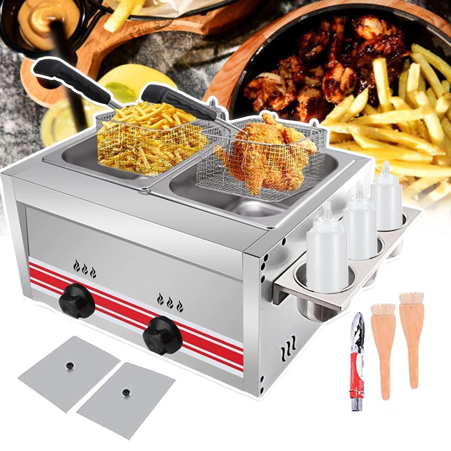 Friggitrice Professionale a Gas GPL da 10/20/30 l, Grande capacità, con cestello e Coperchio, in Acciaio Inox, Potenza di Fuoco Regolabile, Doppio Cilindro da 10 l + 10 l