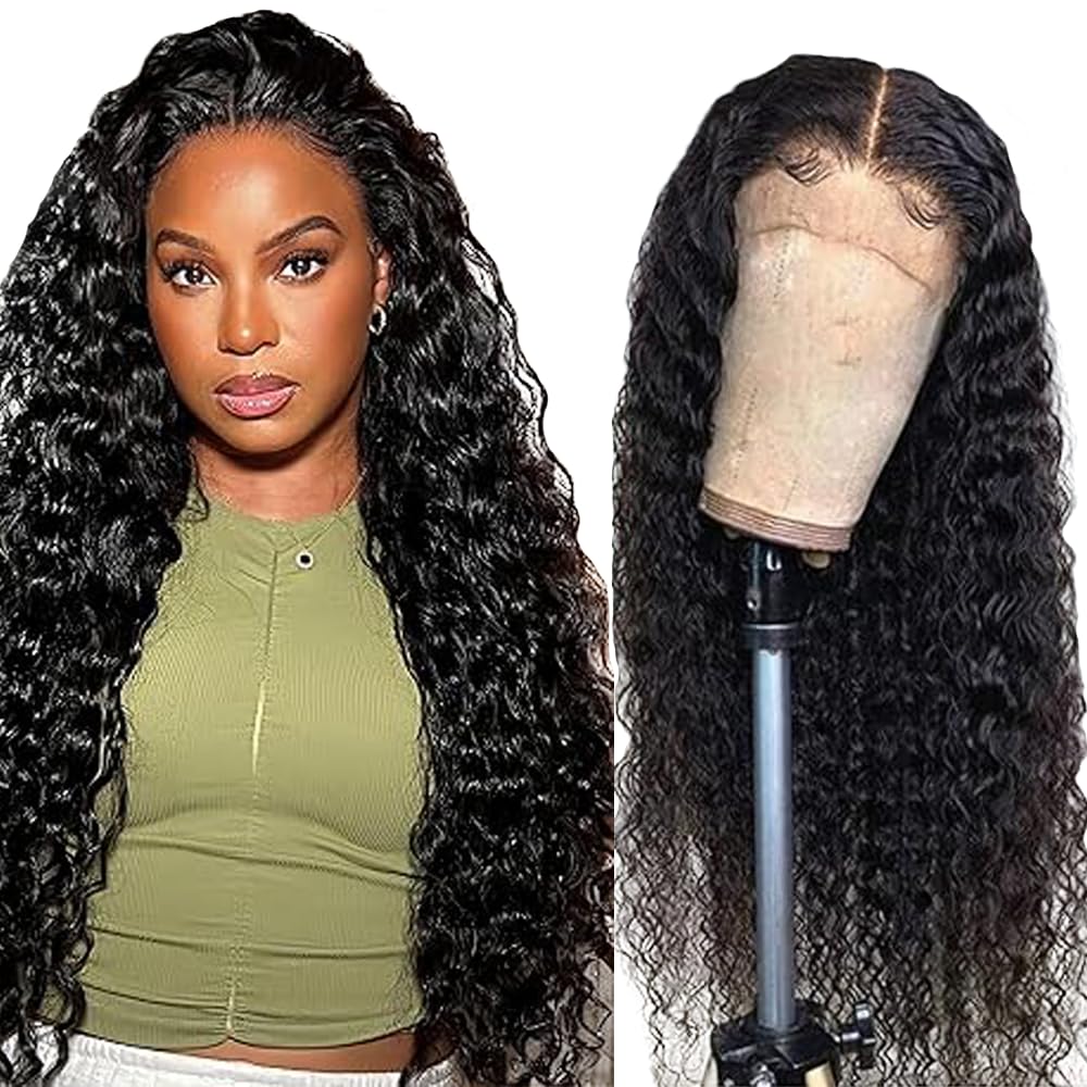 Human Hair Wig Water Wave Natural Black 13x4 Lace Front 34 Inch