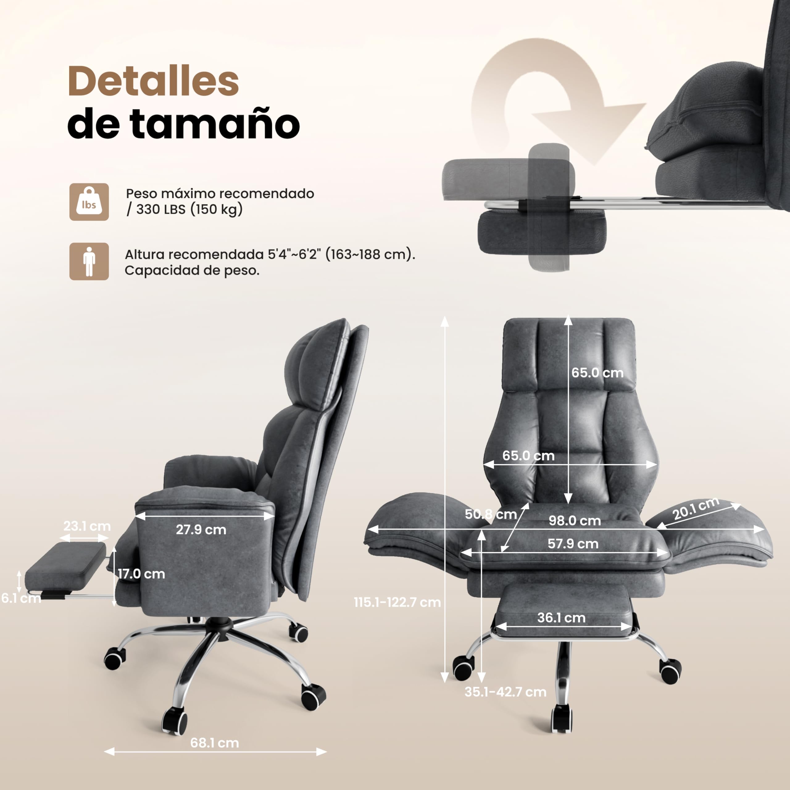 HOMRELEXA Silla de Oficina Ejecutiva Ergonómica Grande y Alta, con Reposapiés, Reposabrazos Abatibles y Respaldo Alto, Felpa de Pelo Rizado - Blanco