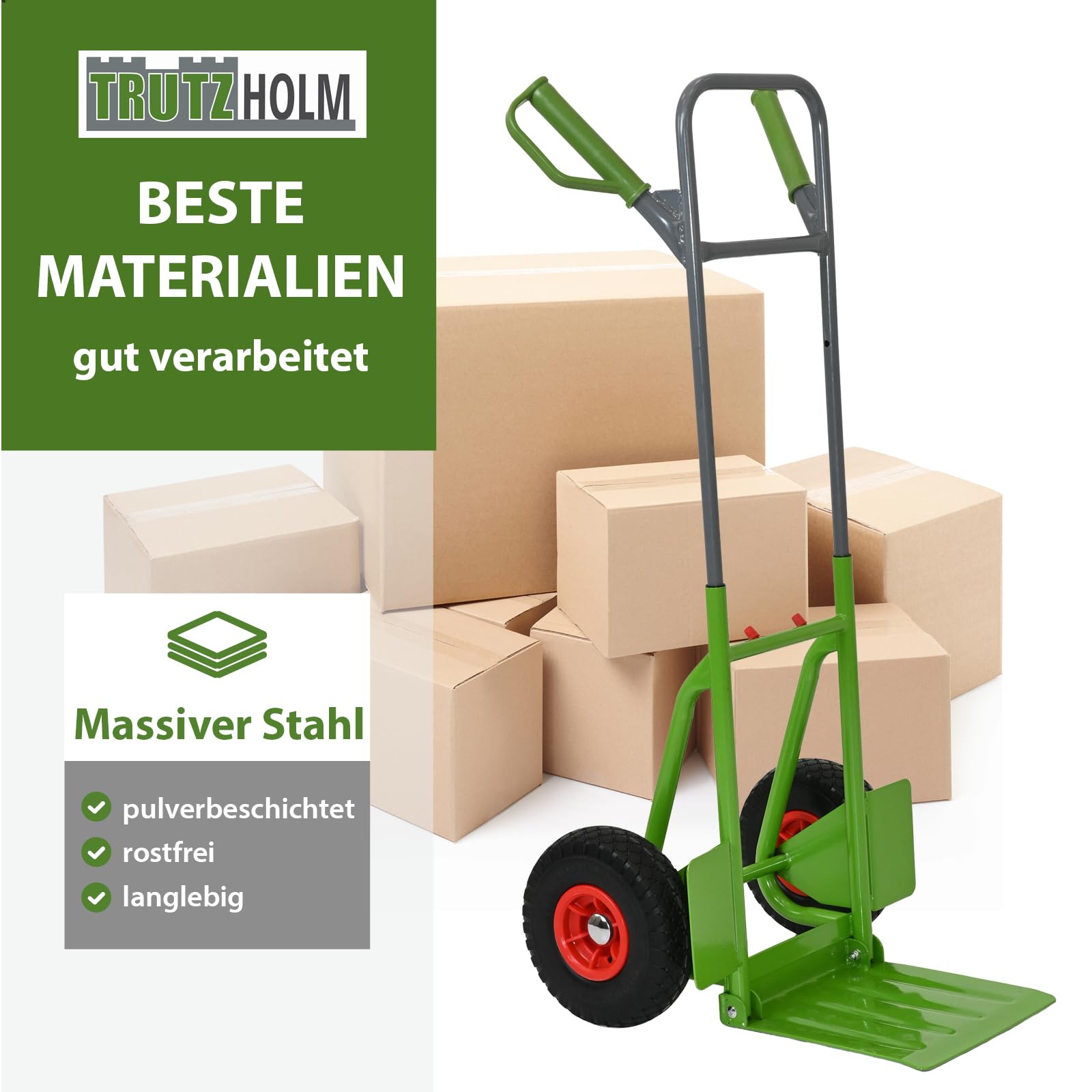 TRUTZHOLM Sackkarre pulverbeschichteter Stahl Tragkraft 200 kg 112,5 cm Höhe große klappbare Ladefläche 29x29 cm pannensichere Vollgummiräder ergonomische Sicherheitsgriffe mit Handschutzbügel