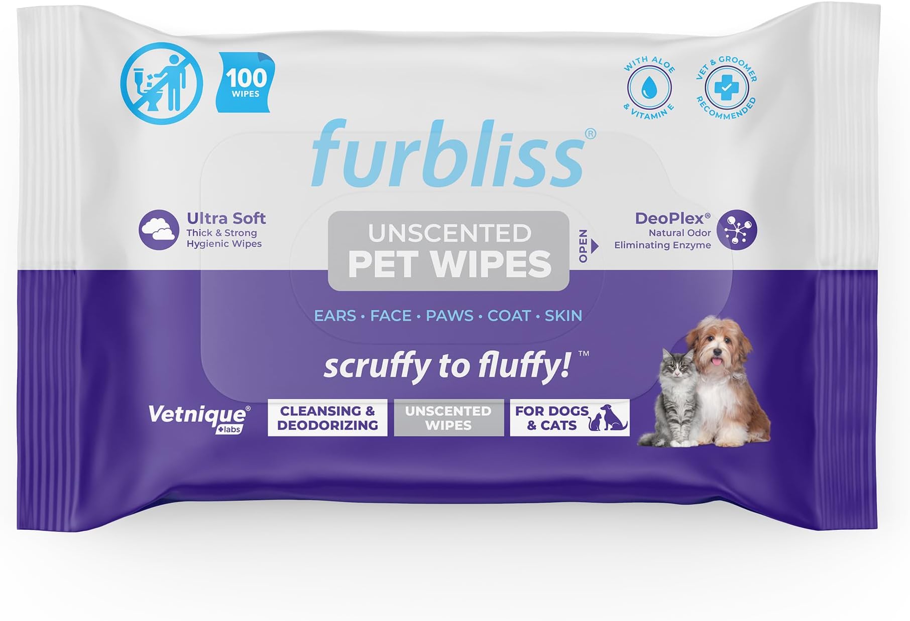 Furbliss Hygienic Dog Grooming Wipes Cleansing Grooming & Deodorizing Hypoallergenic Pet Wipes with Natural Deodorizer 100ct (Unscented)