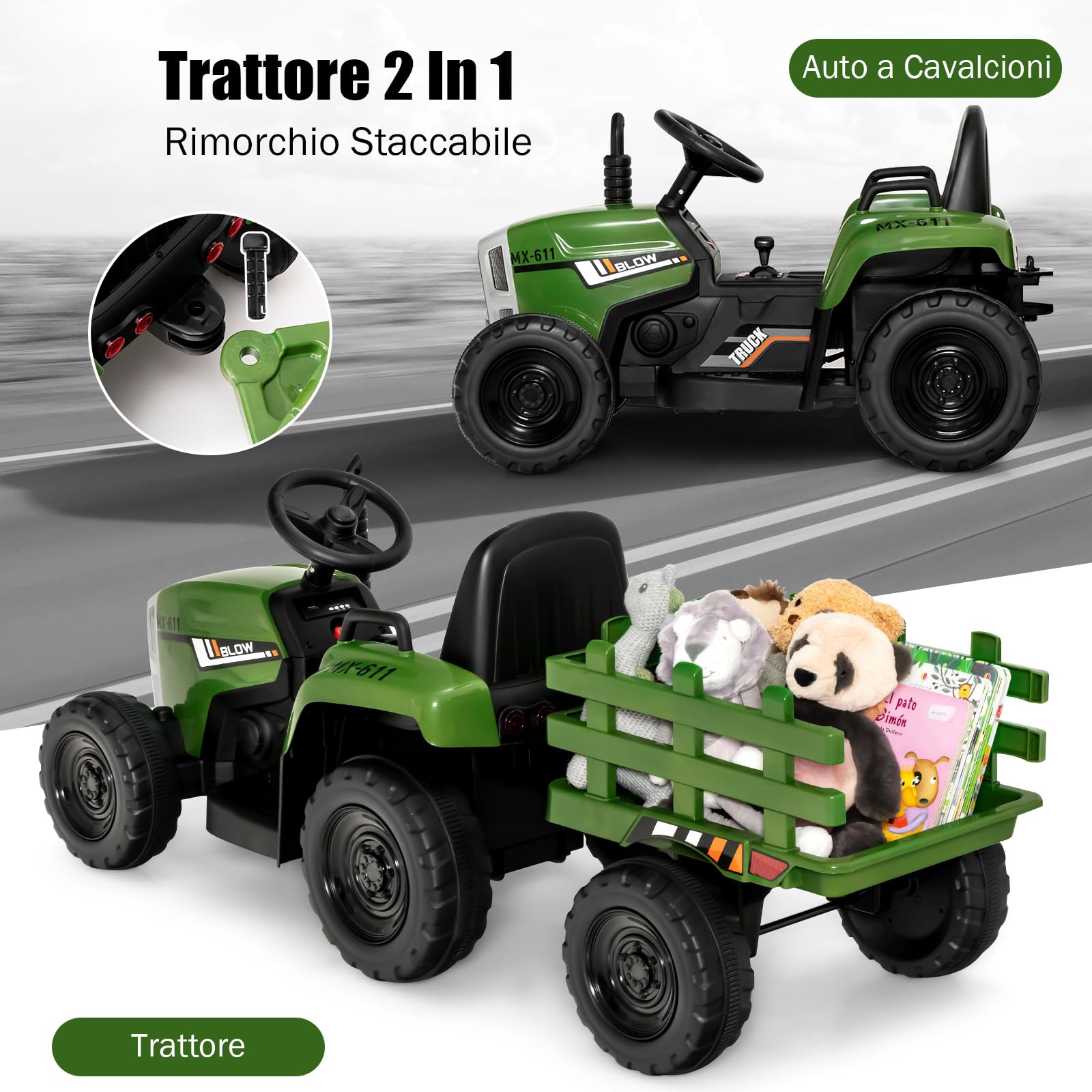 GYMAX Trattore Elettrico per Bambini con Telecomando, Giocattolo Cavalcabile con Funzione di Luce, Musica e Bluetooth, 6 Ruote Antiscivolo, 136 x 51 x 52 cm (Verde Scuro)