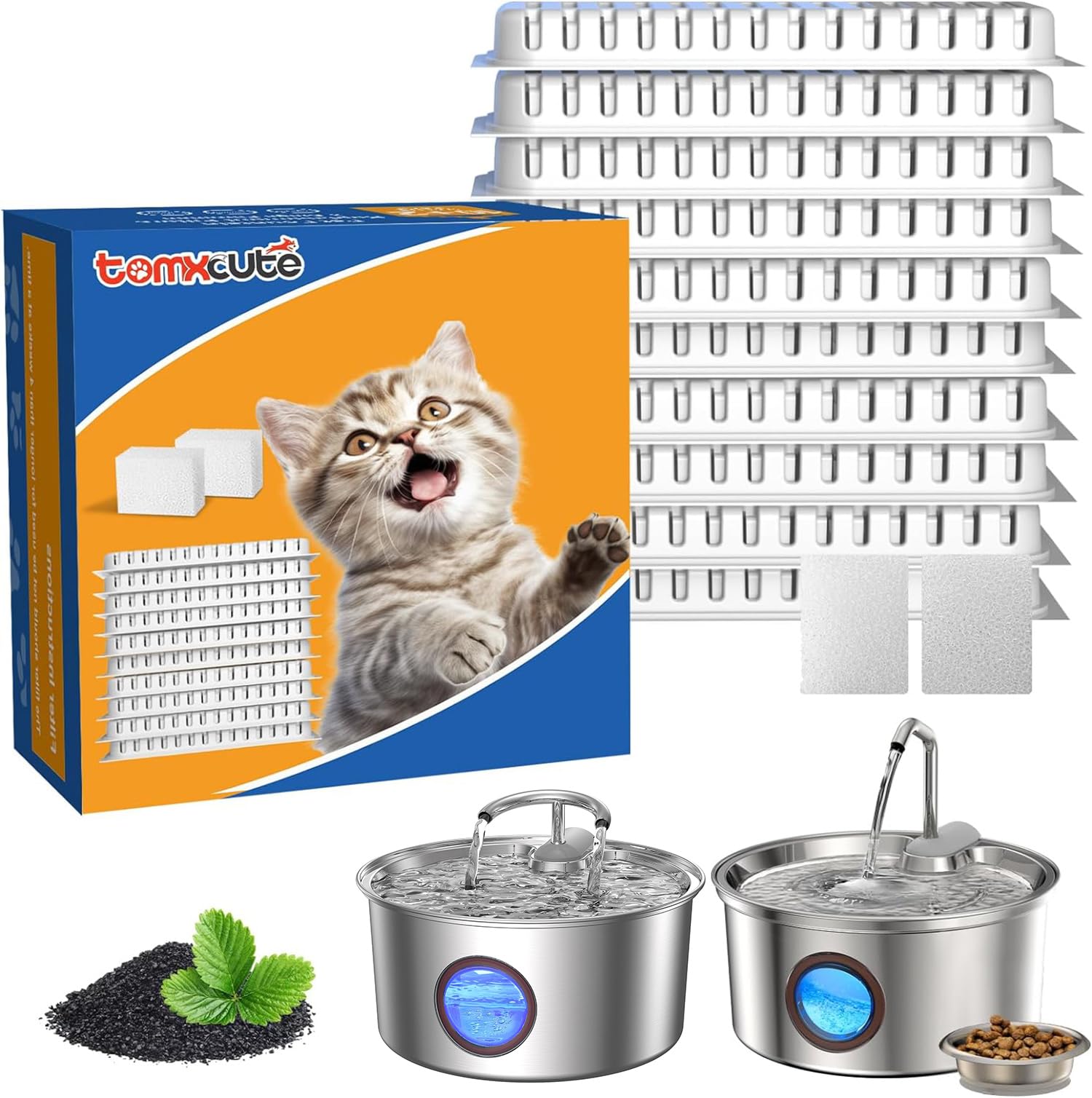 tomxcute10pcs Cat Water Fountain Filters - Replacement Filters for 108oz/3.2L Cat Fountain,Pet Fountain 10 Packs Filters & 2 Sponges Set for Stainless Steel Pet Water Fountain