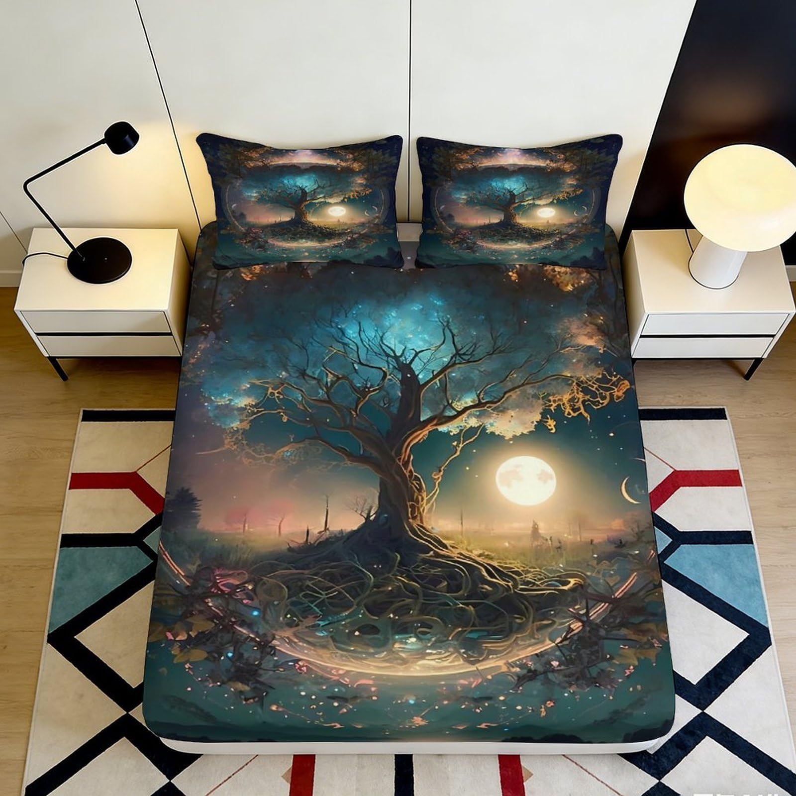 3D Printed Fantasy Tree Fitted Sheet Microfiber Soft Woodland Sunset Bed Cover for Bedroom Guest Room Decor 90x200x25cm