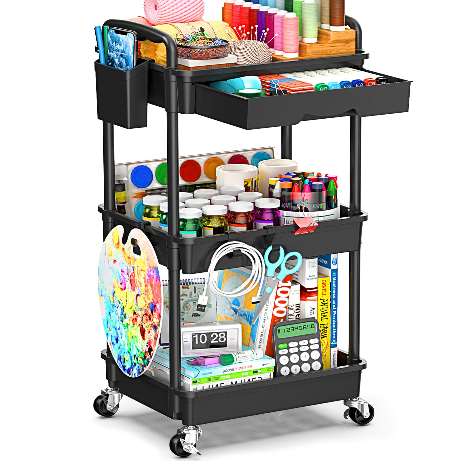 3 Tier Rolling Cart with Drawer, Bathroom Storage Organizer with 2 Lockable Wheels, Multifunctional Rolling Storage Cart for Bathroom, Kitchen, Office, Craft, Makeup, Baby Essentials, Black