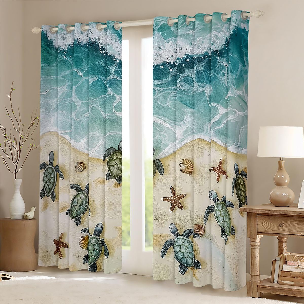 Homemissing Tende oscuranti con tartaruga marina tende oscuranti con sabbia costiera per la decorazione della camera da letto stelle marine spiaggia tonalità termoisolanti trattamenti per finestre con