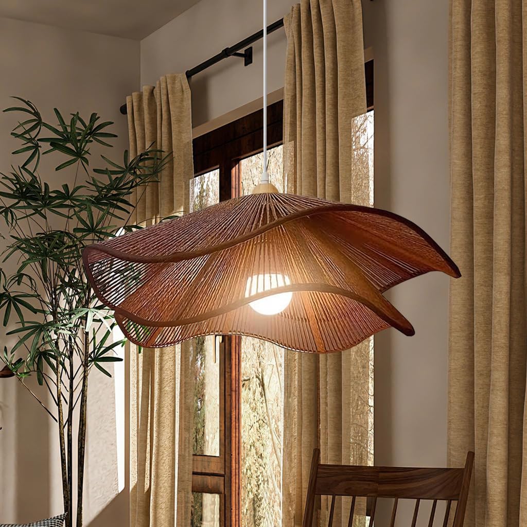 JOJOM Hemp Rope Nordic Solid Wood Pendant Lamp Boho Rattan Chandelier Hand Woven Pendant Light Creativity Farmhouse Style for Kitchen Bedroom Dining Room Living Room Hallway Foyer(A50)