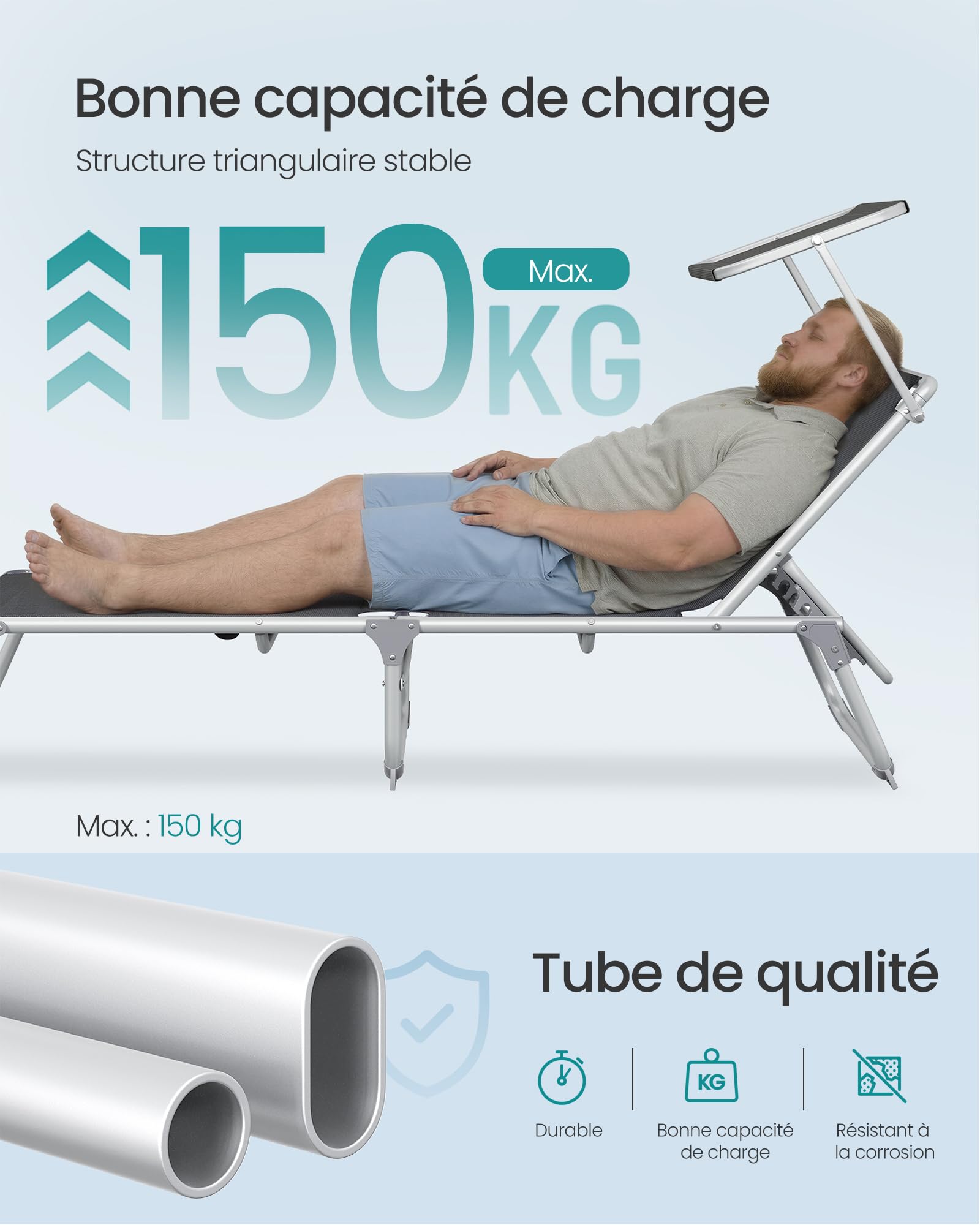 SONGMICS Bain de Soleil, Chaise Longue Pliable, Transat, 193 x 55 x 31 cm, Capacité de Charge 150 kg, avec Pare-soleil et Dossier Inclinable, pour Jardin, Piscine, Terrasse, Gris Foncé GCB19GYV1