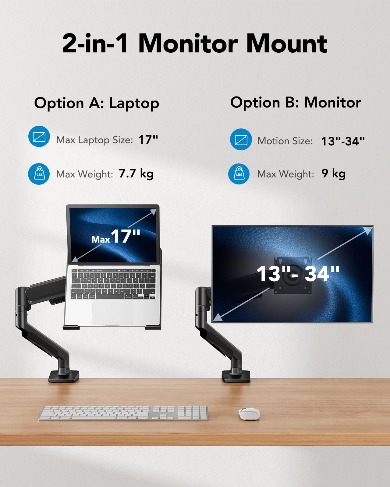 HUANUO 2-in-1 Laptop Halterung mit Tablett, 13-34" Monitor, bis zu 17" Notebook, ergonomischer Laptop Arm, voll-bewegliche Verstellung, Monitorhalterung, vormontiert für Einstellung, VESA 100x100mm