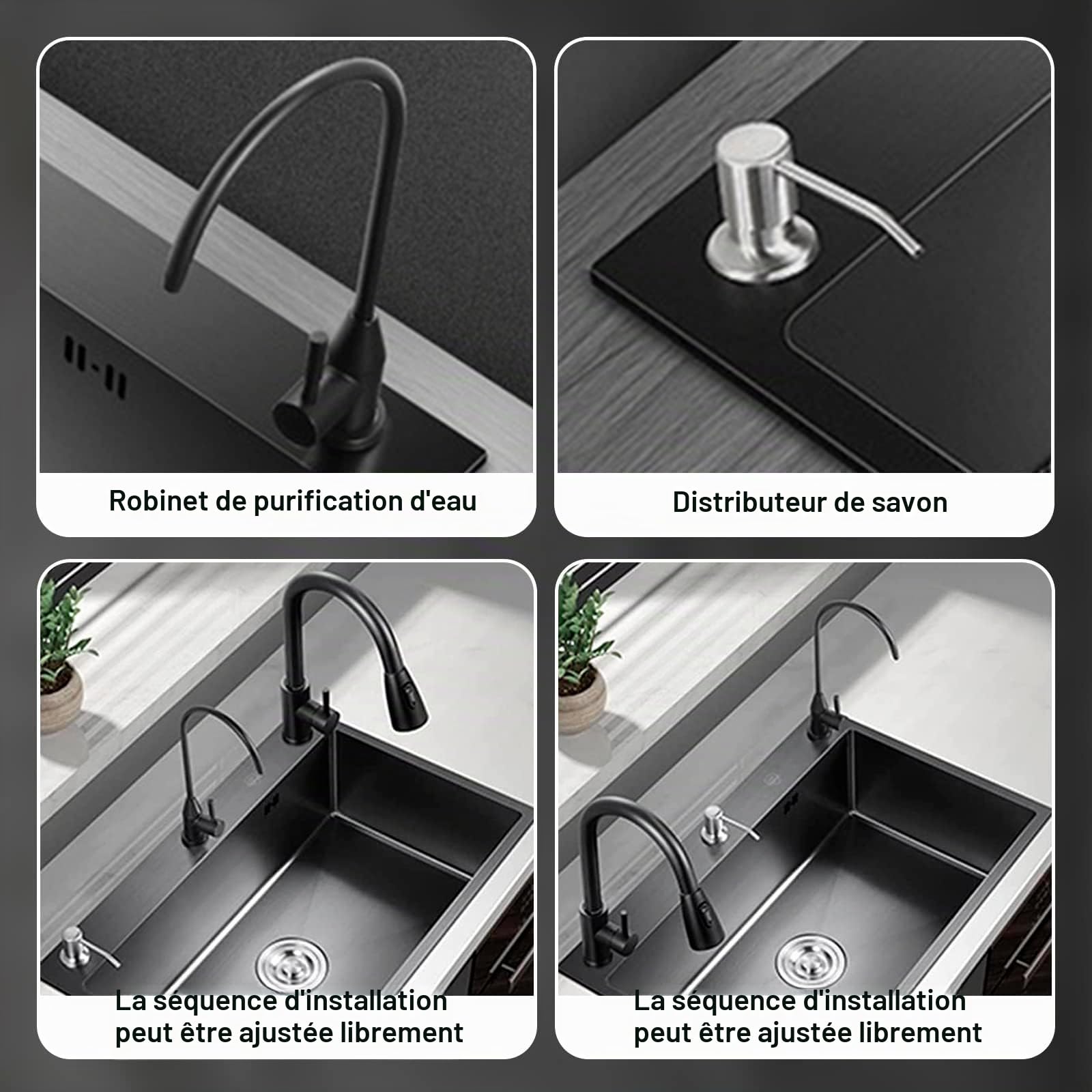 Évier Cuisine Noir en Acier Inoxydable 60 * 45CM, Évier Simple avec Robinet Extensible, Distributeur de Savon et Panier égouttoir avec Robinet Rétractable Panier Distributeur de Savon