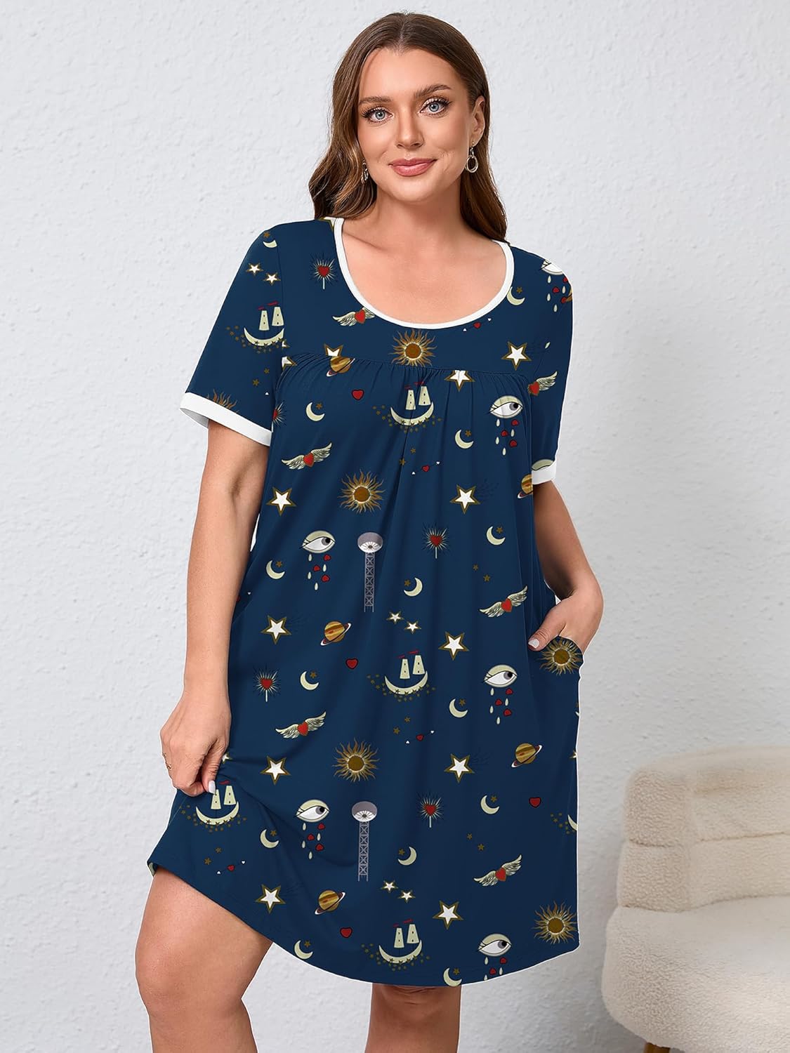 AusLook Plus Size Women's Nightgown Short Sleeve Sleep Dress Sleepwear Sleepshirts Pleated Scoopneck Nightshirt 1X-5X - Image 3
