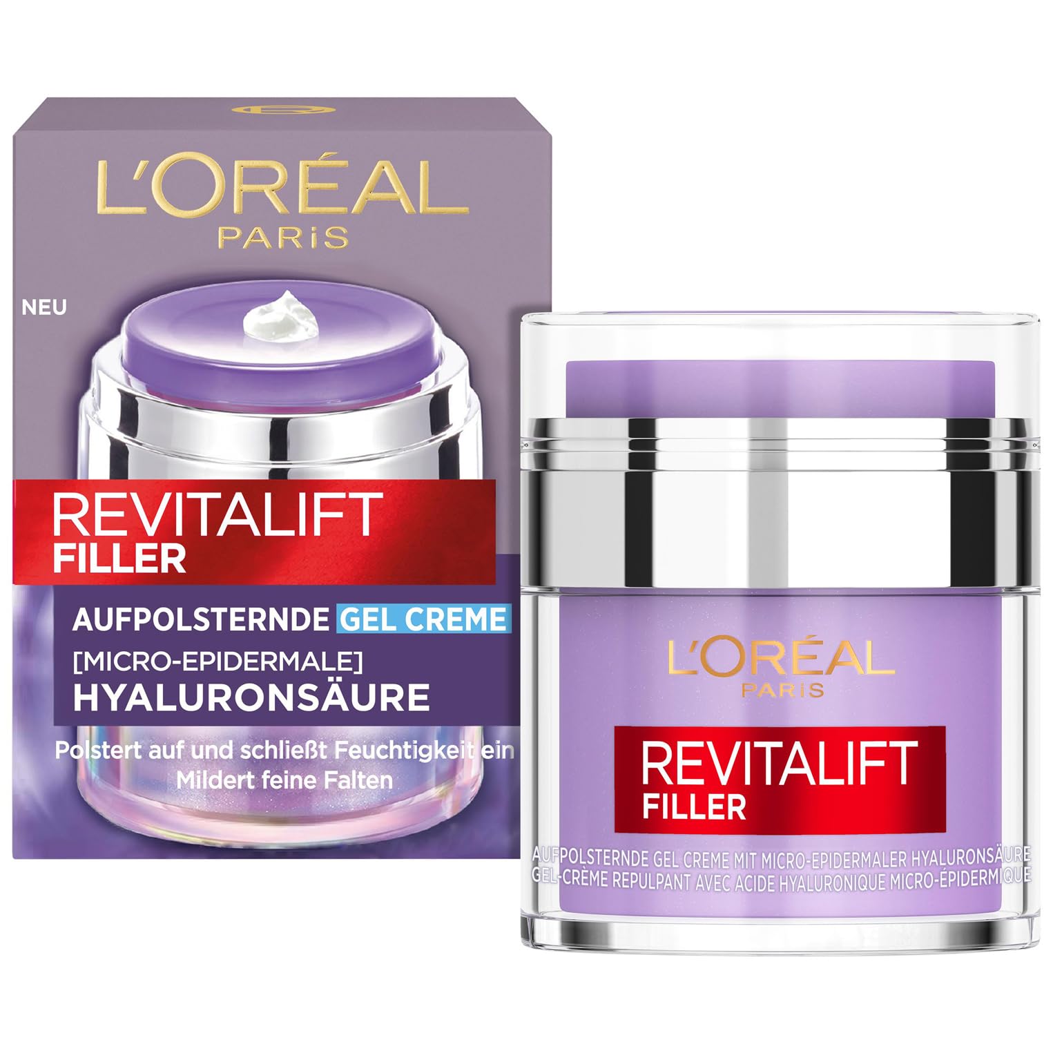L'Oréal Paris Aufpolsternde Gel-Creme für Frauen: polstert Fältchen intensiv auf mit Hyaluronsäure, Niacinamide, Glycerin und Ceramide, Revitalift Filler, 1x 50ml