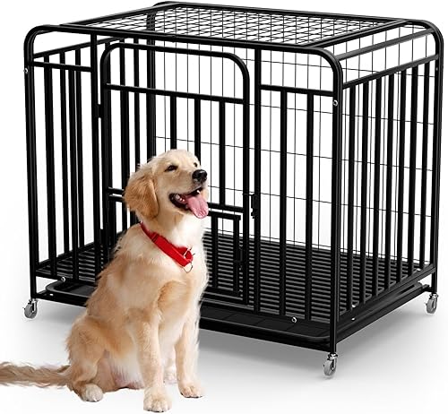 42" Dog Crate with Double Doors, Heavy Duty Escape Proof Dog Kennel for Large Dogs, High Anxiety Dog Cage with Removable Trays& Wheels, for Medium