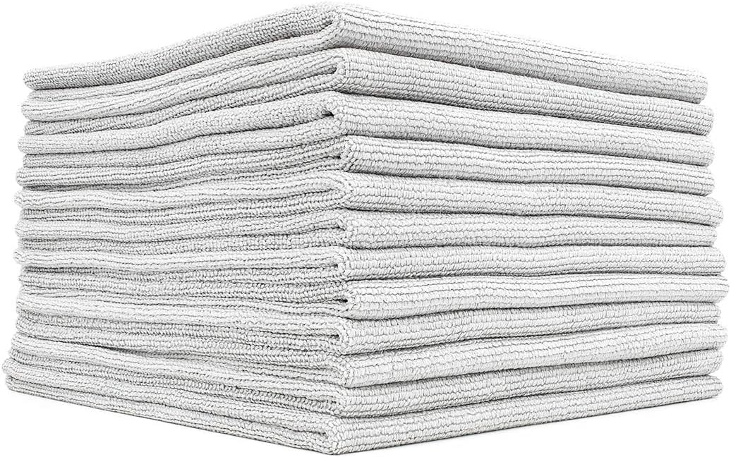The Edgeless Pearl - Professional Microfiber Detailing Towel for Ceramic Coating Leveling and Sealant Removal, Scratch-Free with No Tags, 320gsm, 16in x 16in, Ice Grey (12-Pack)