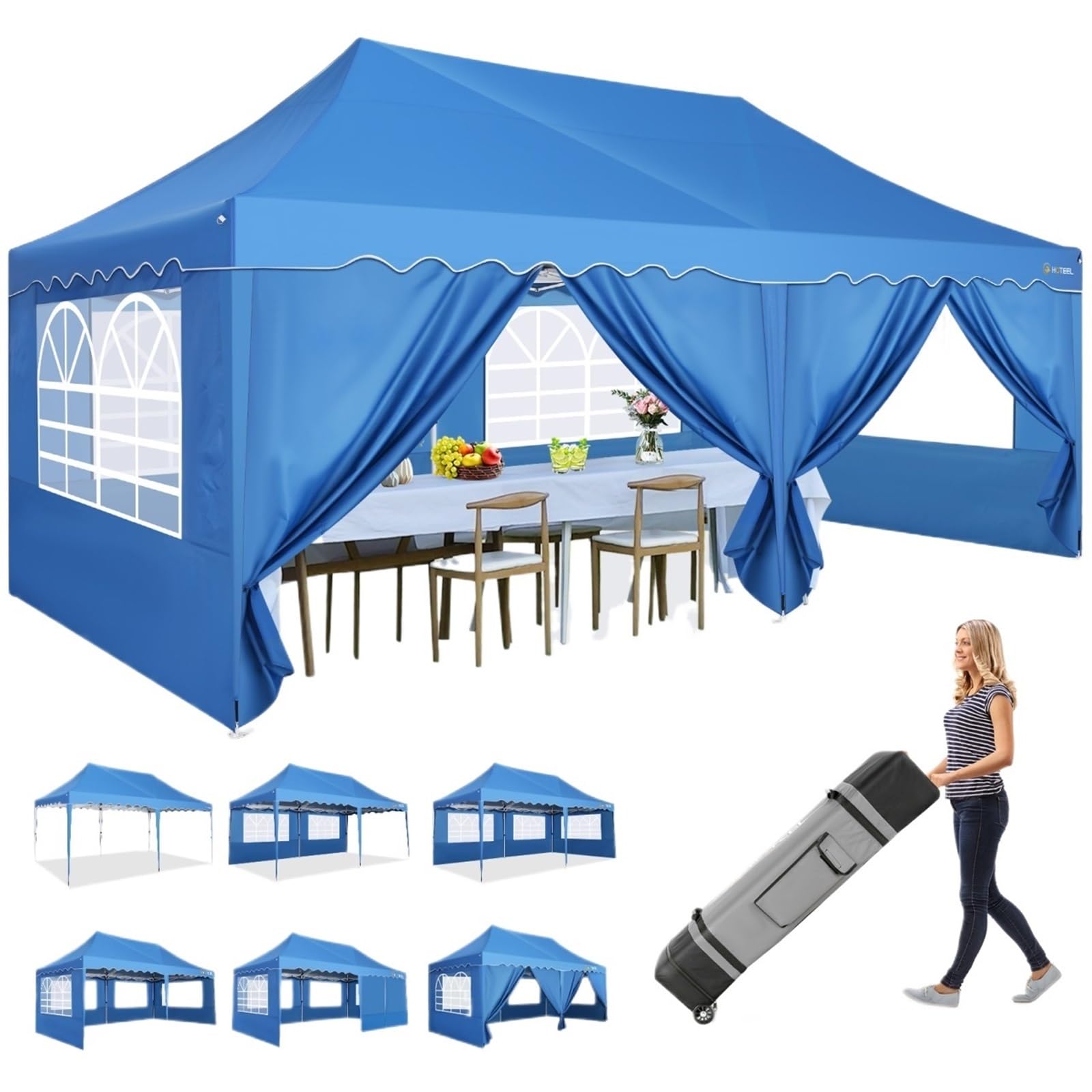 Pop Up Pavillons 3x6m Pop-Up-Pavillonzelt mit 6 Seitenwand-Überdachung, Festzelt, Pavillon, wasserdichtes Partyzelt for Party, Garten, Outdoor, kommerzielle Überdachung(Blue)
