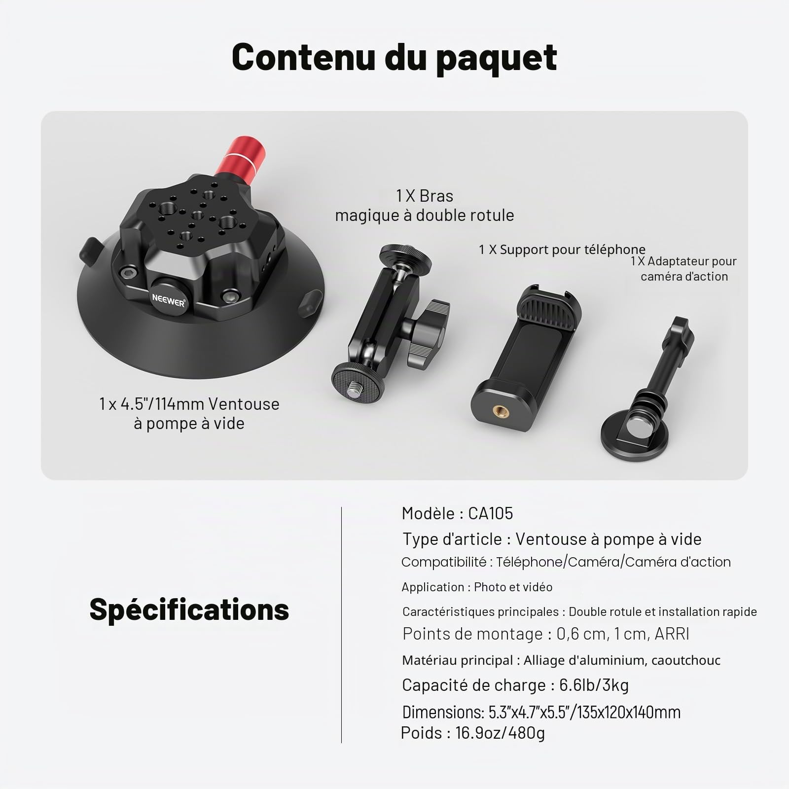 NEEWER Support Caméra Ventouse 4,5" Bras Magique, Compatible avec Arri 1/4" 3/8" Trous, Support Voiture Quick Release, Adaptateur Action Cam Compatible avec iPhone GoPro DJI Insta360, CA105