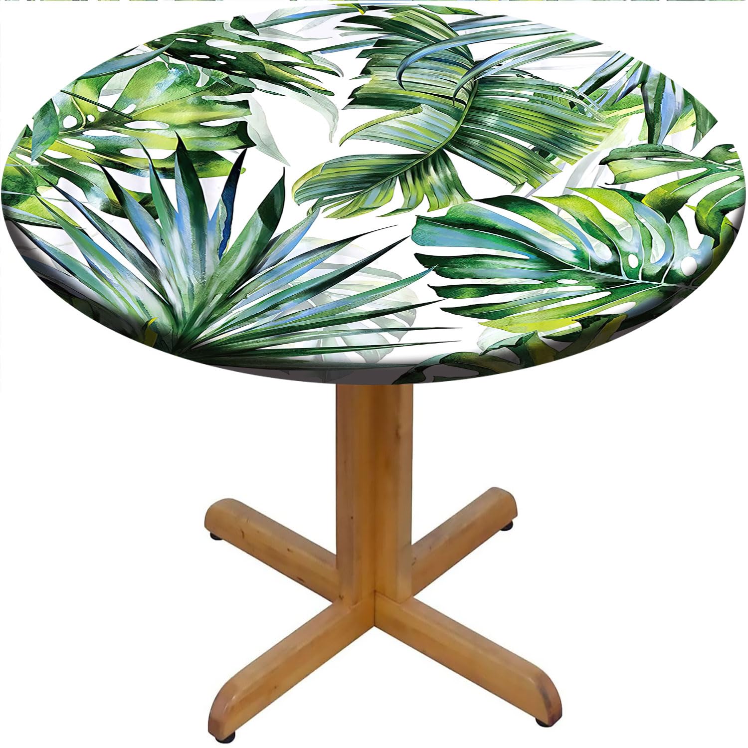 EGVRNFJM Summer Palm Leaf Round Table Cloth, Green Jungle Plant Elastic Edge Fitted Wipe Clean Table Cover for Camping Outdoor, Fits Tables Up to 24"