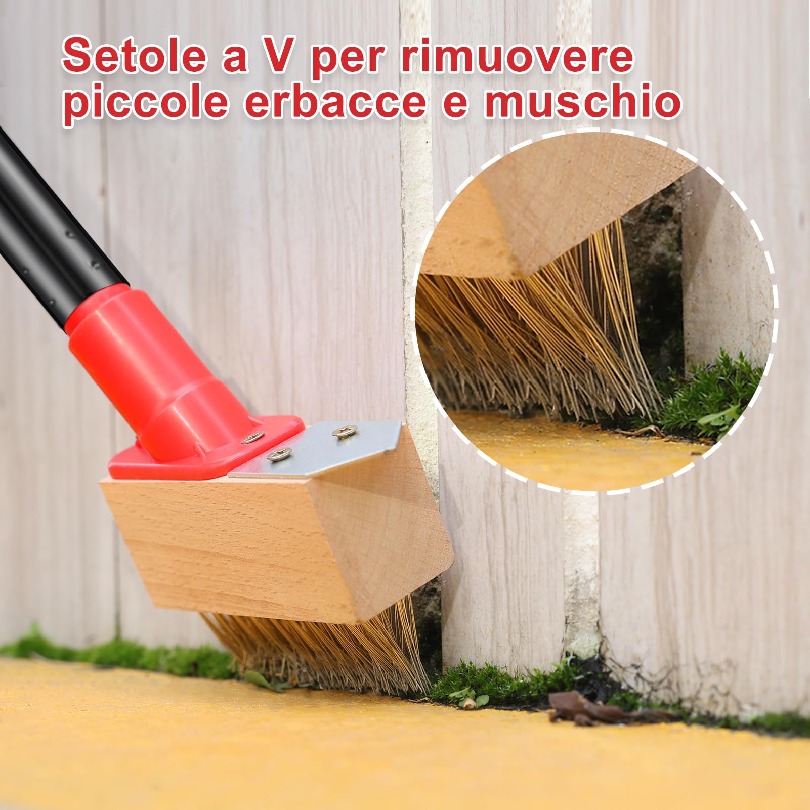 Mitclear Spazzola per Erbacce con Manico Telescopica(135cm), Strumento per Rimuovere con Spazzola Metallica a V e Raschietto a Lama, Rimuovere Erbacce e Muschio in Giardino e Vialetti(3 Testine)