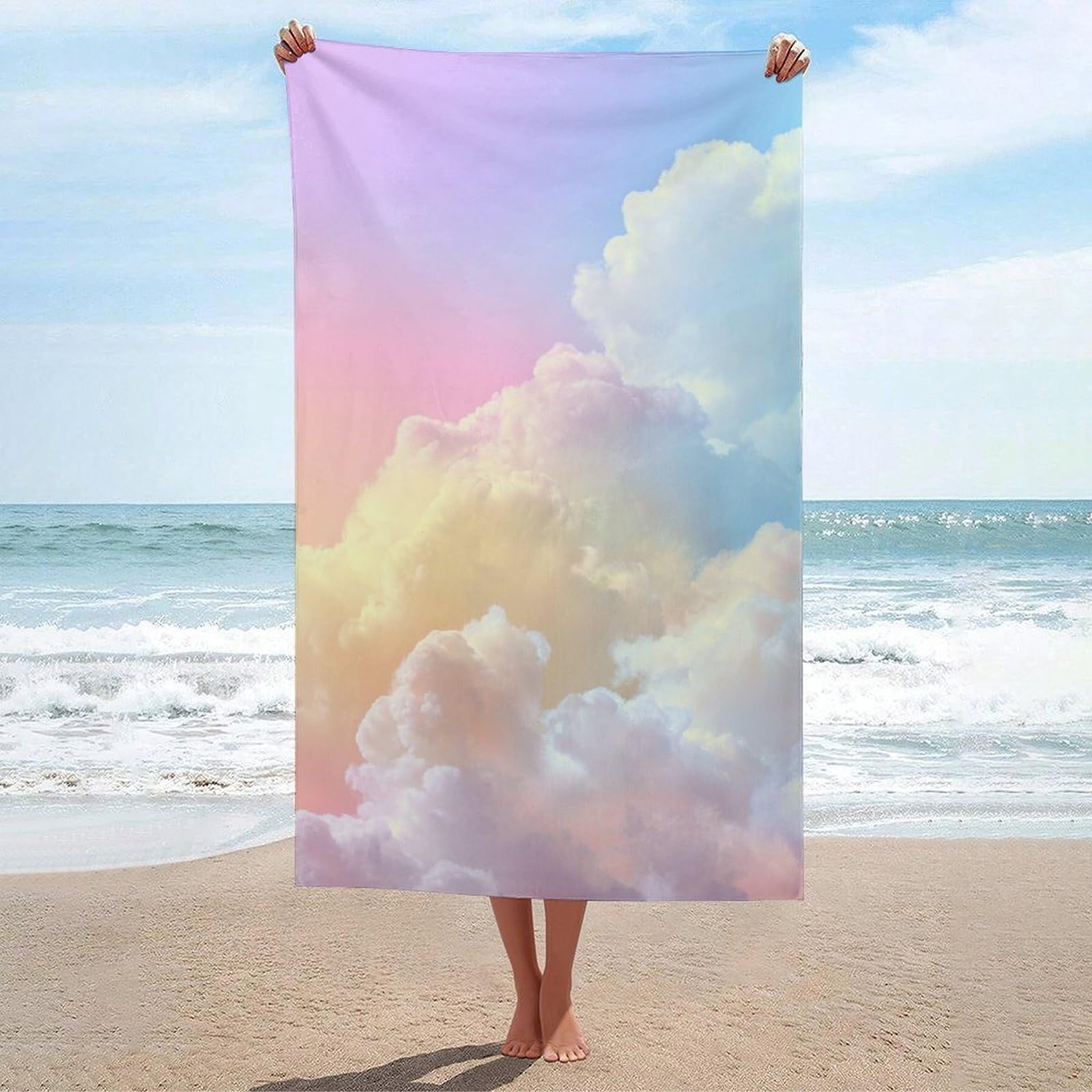 LSRCPD Pastel Coloured Clouds Beach Towel Sand Free Microfiber Large Shower Towels Multipurpose Absorbent for Bathroom Pool 130x80 CM