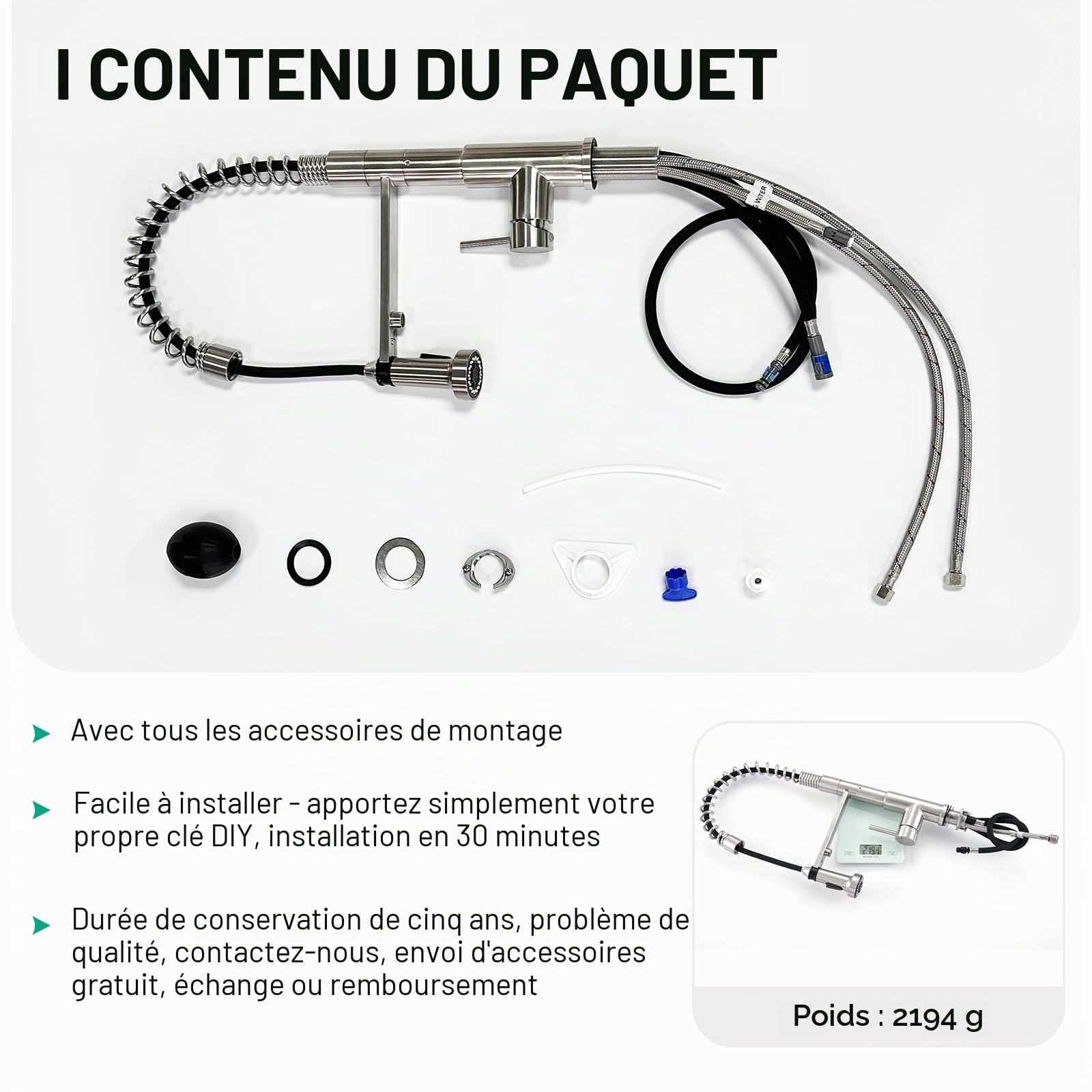 CREA Robinet Évier de Cuisine à 3 Voies avec Douchette Extractible et Rétractab, Mitigeur Monocommande Monotrou avec Systèmes Filtre à eau et d'Osmose, brossé