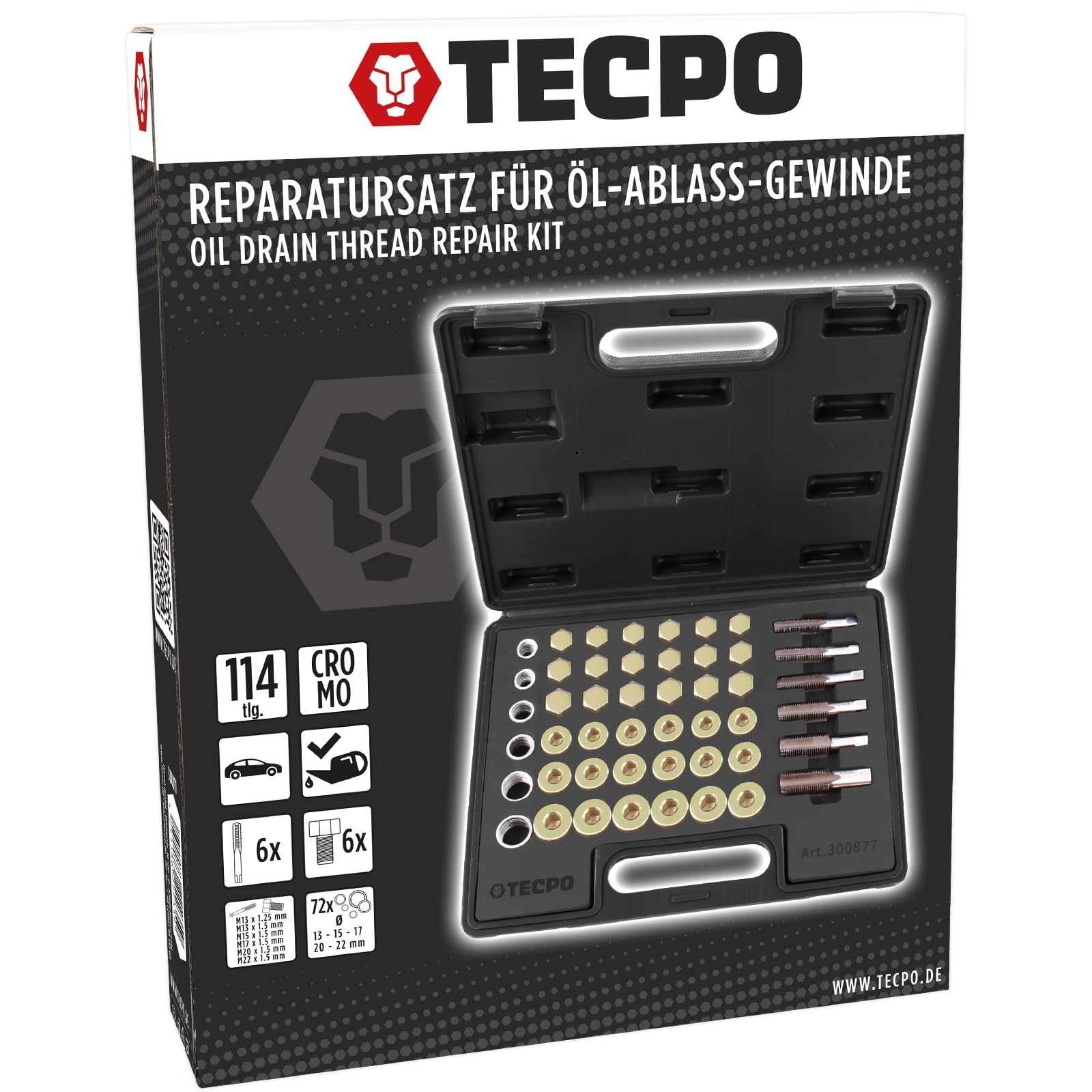 TECPO Zestaw naprawczy śrub spustowych oleju 114 części + gwintownik M13-M22