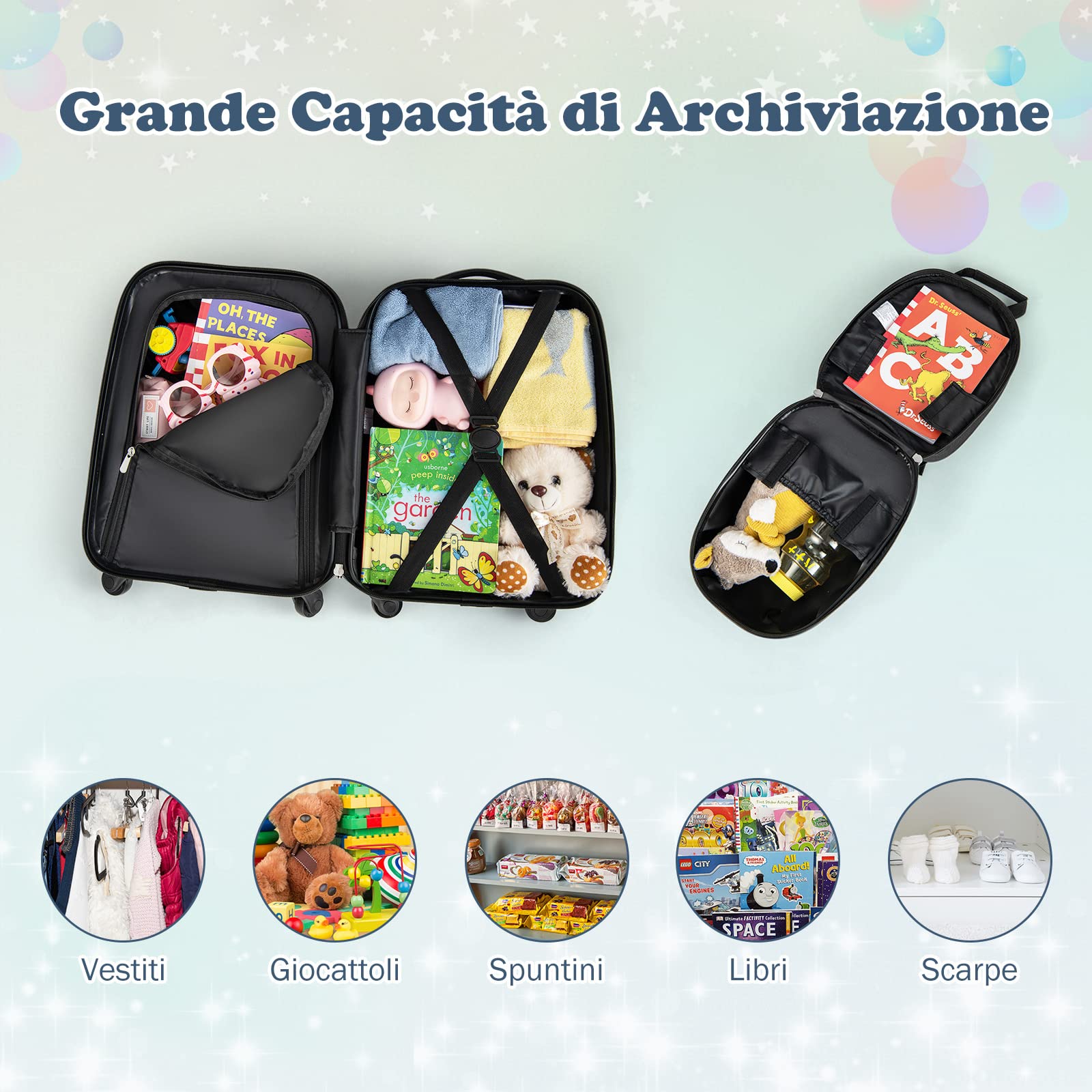 GYMAX Set di Valigia per Bambini, Trolley Bagaglio di 2 Pezzi a Mano Cavalcabile con Cinghia e Tracolla, Valigia Rigida con Ruote e Zaino, Regalo per Bambino e Bambina (12"+16", Aereo Auto)