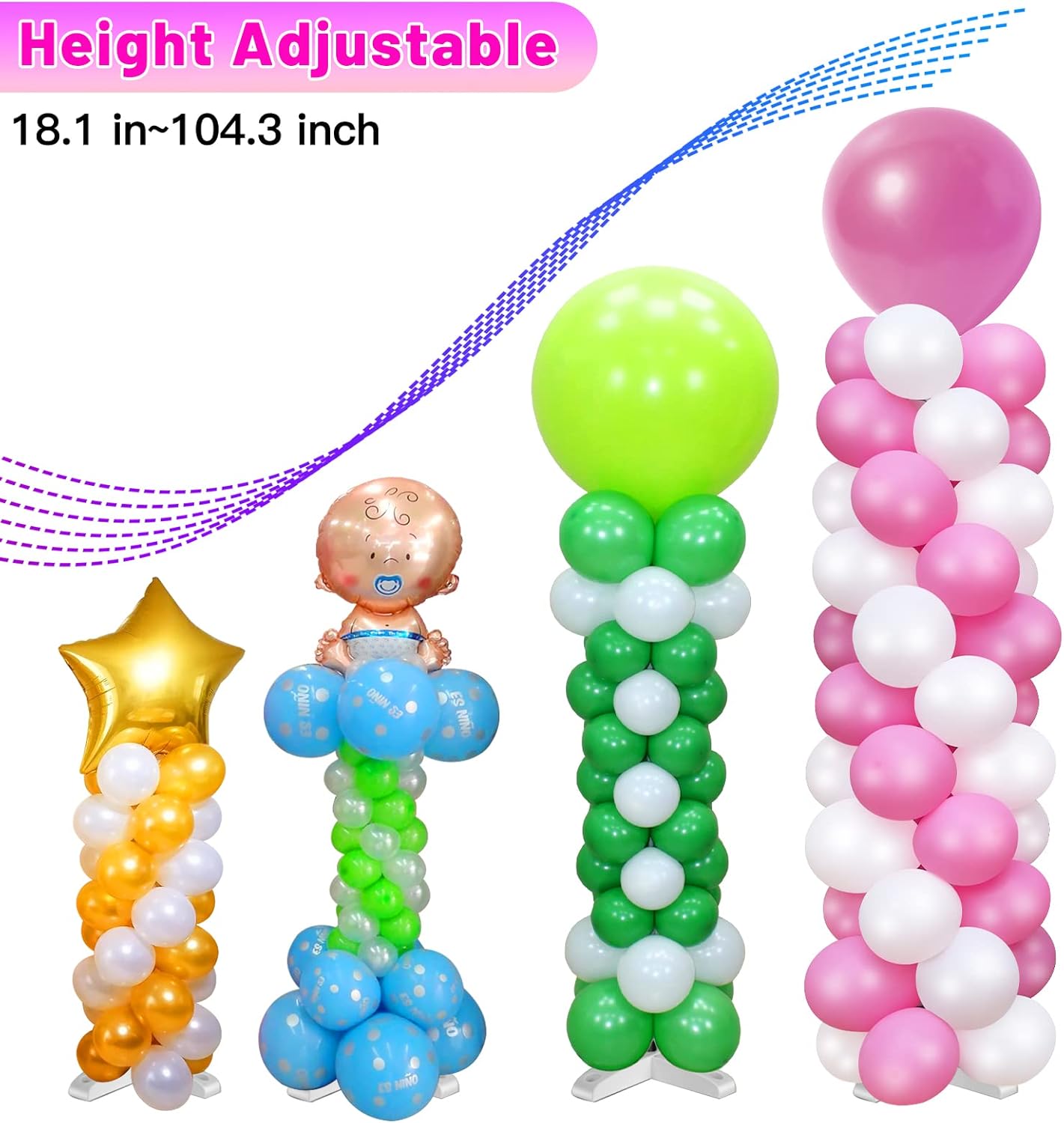 4 Sets Adjustable Balloon Column Stand and Balloon Pump, 9 Feet Metal Balloon Stands for Floor, Balloon Column kit for Baby Shower Graduation Wedding Birthday Party