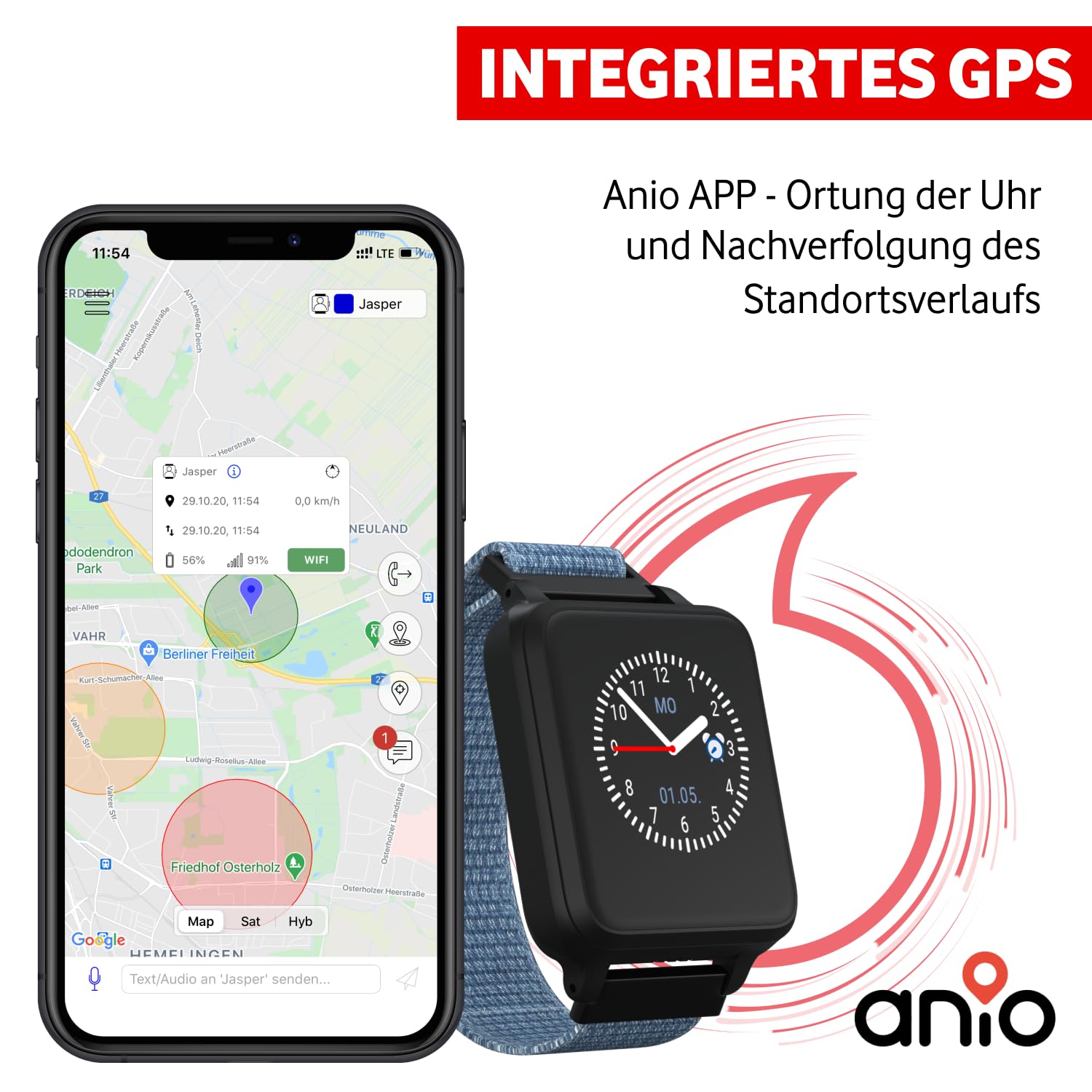 Vodafone ANIO 5 s Smartwatch Kinderuhr in Blau SIM | 50€ Amazon-Gutschein nach SIM-Registrierung | GPS-Tracking, SOS-Knopf, Schulmodus, Anrufe | Eltern-App