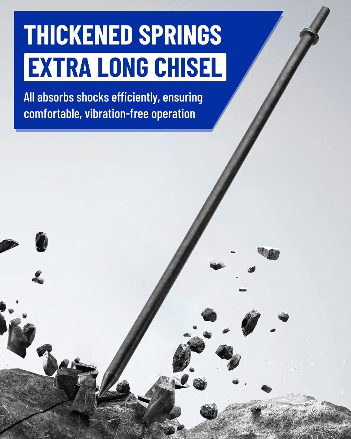 3pcs 18'' Extra Long Air Hammer Bit Set, 1/8 in & 3/8 in & 3/4 in Point and Flat Pneumatic Cold Chisels with Spring, 42 Cr-Mo Alloy Steel Heavy Duty for Concrete, Tile, Metal