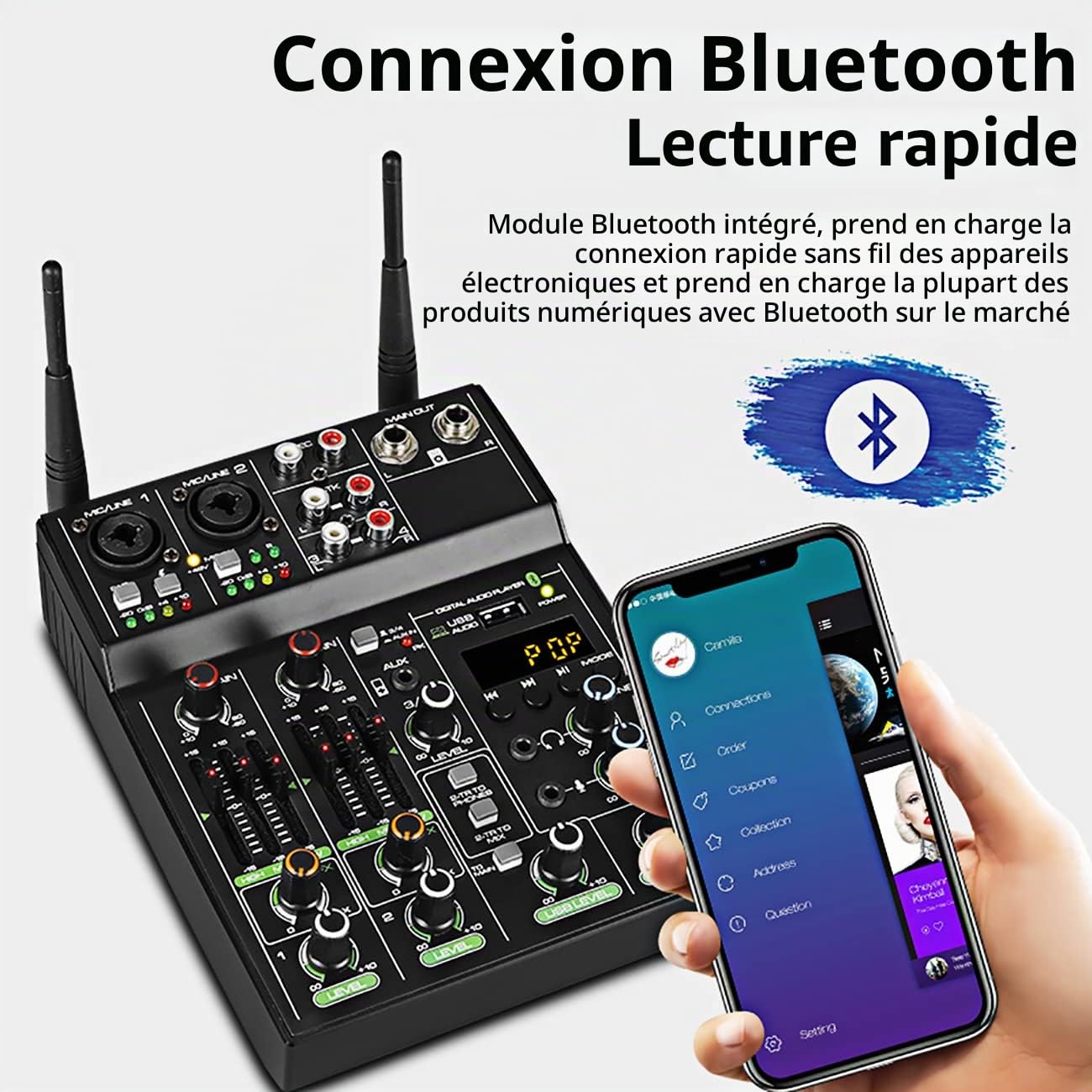 Depusheng UF4-M Table de Mixage Audio Studio - Console de Mixage DJ Numérique 4 Canaux Bluetooth Portable Professionnelle avec Microphone sans Fil