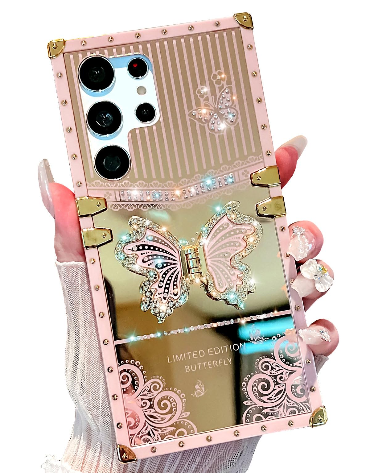 TRODINO Compatible with Samsung Galaxy S23 Ultra Case Cute, Luxury Bling Butterfly Design with Foldable Stand Kickstand for Women & Girls, Glossy