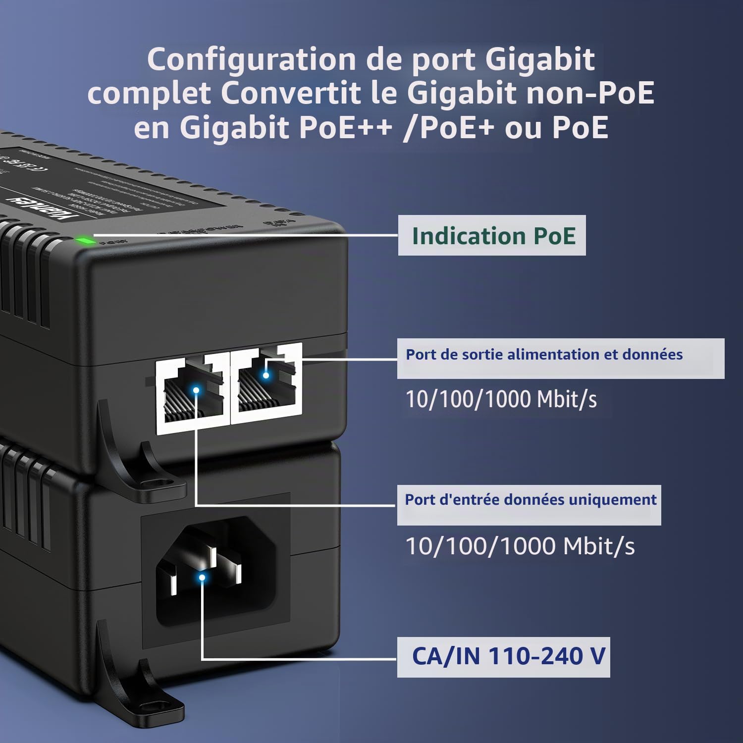 YuanLey Gigabit Injector PoE 60W, Injecteur PoE++ Convertit Non-PoE en Réseaux PoE++, 802.3bt/at/AF, 10/100/1000Mbps Adaptateur PoE Plug & Play, Distances Jusqu'à 100 Mètres, Montage Mural