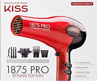 KISS 1875 Watt Pro Tourmaline Ceramic Hair Dryer, Styling Edition, 3 Heat Settings, 2 Speed Settings, Cool Shot Button, 7 Blow Dryer Accessories Included, 2-Year Warranty - Red