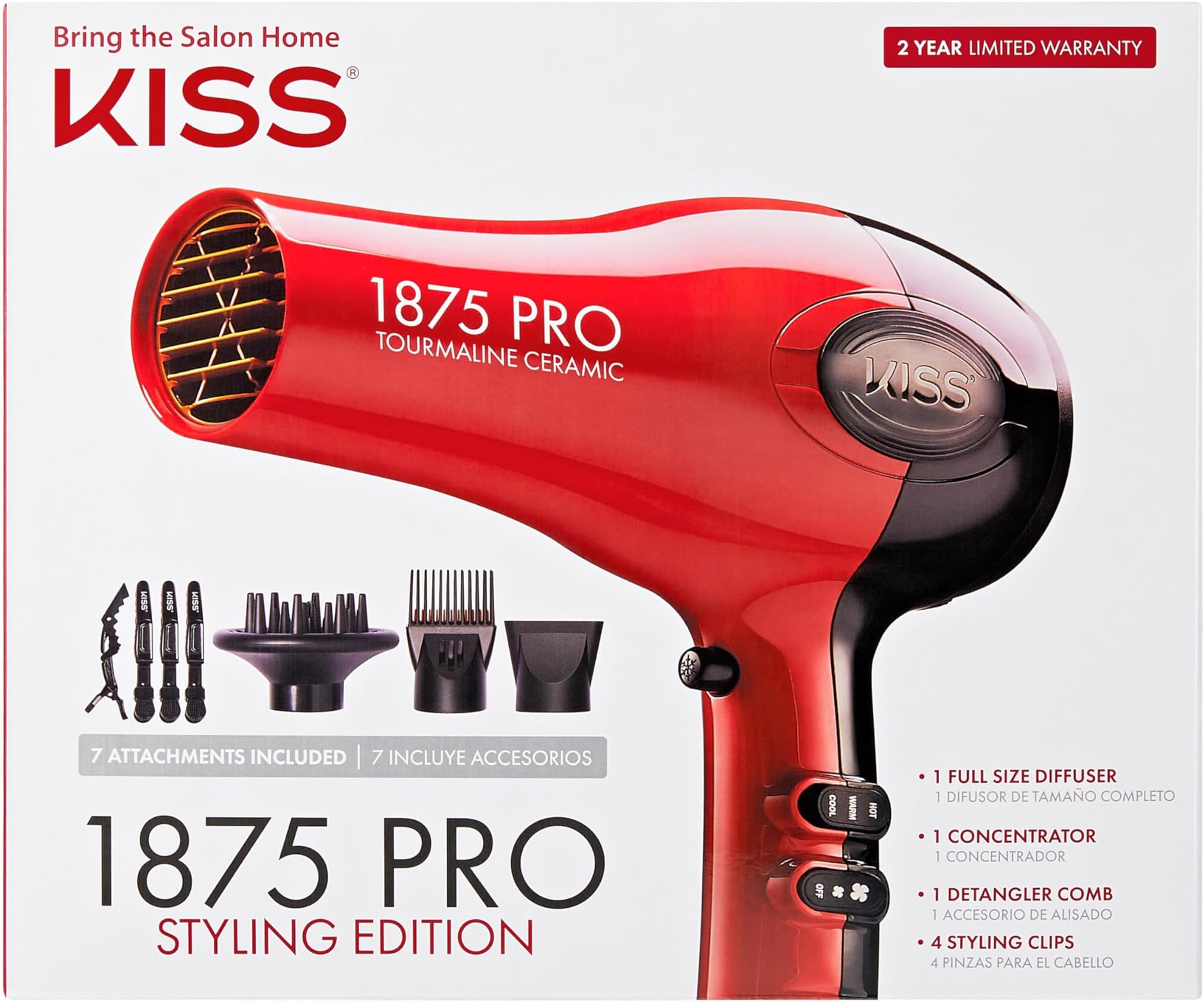 KISS 1875 Watt Pro Tourmaline Ceramic Hair Dryer, Styling Edition, 3 Heat Settings, 2 Speed Settings, Cool Shot Button, 7 Blow Dryer Accessories Included, 2-Year Warranty - Red