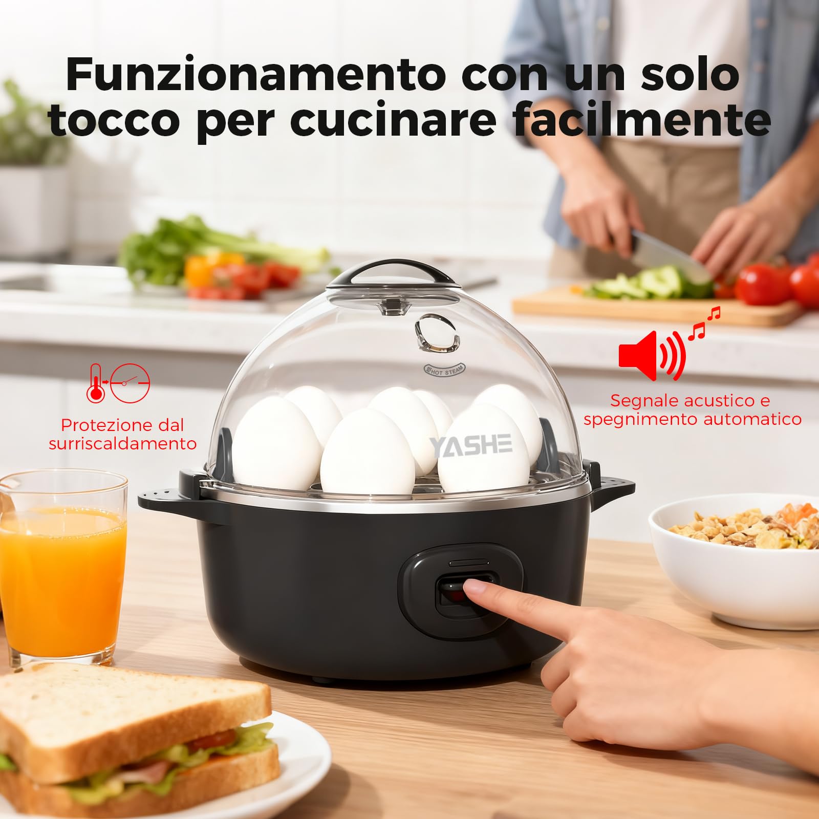 YASHE Cuociuova elettrico per 7 uova sode, medie e alla coque, in camicia, per frittate con vassoio e ciotola per uova senza BPA, spegnimento automatico, cicalino musicale, nero