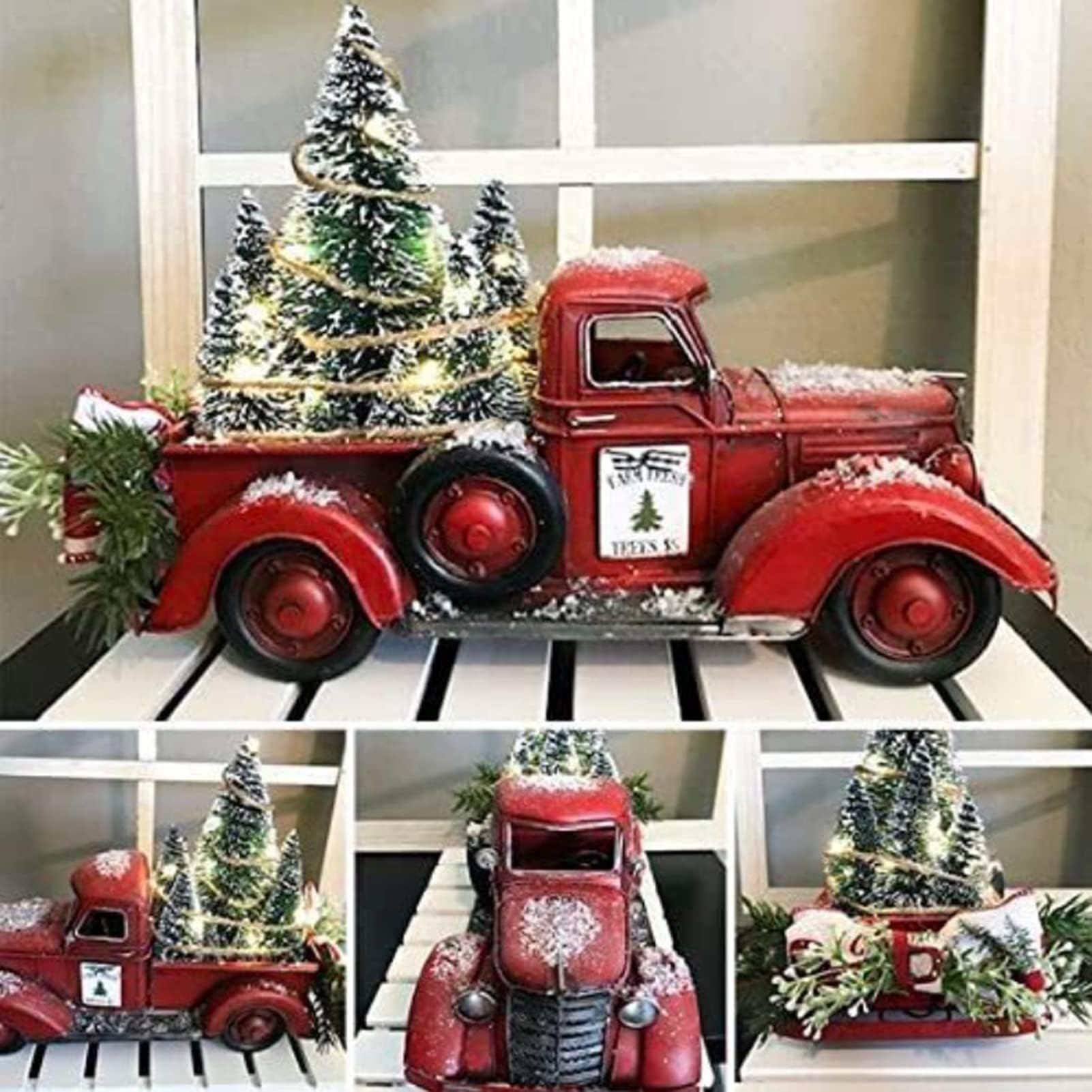 Bluelans Red Farm Truck Christmas Centerpiece Christmas Red Truck Decor Farmhouse Vintage Red Pickup Truck with Christmas Trees for Home Kitchen Table Centerpieces Decorations Home Decor with Light
