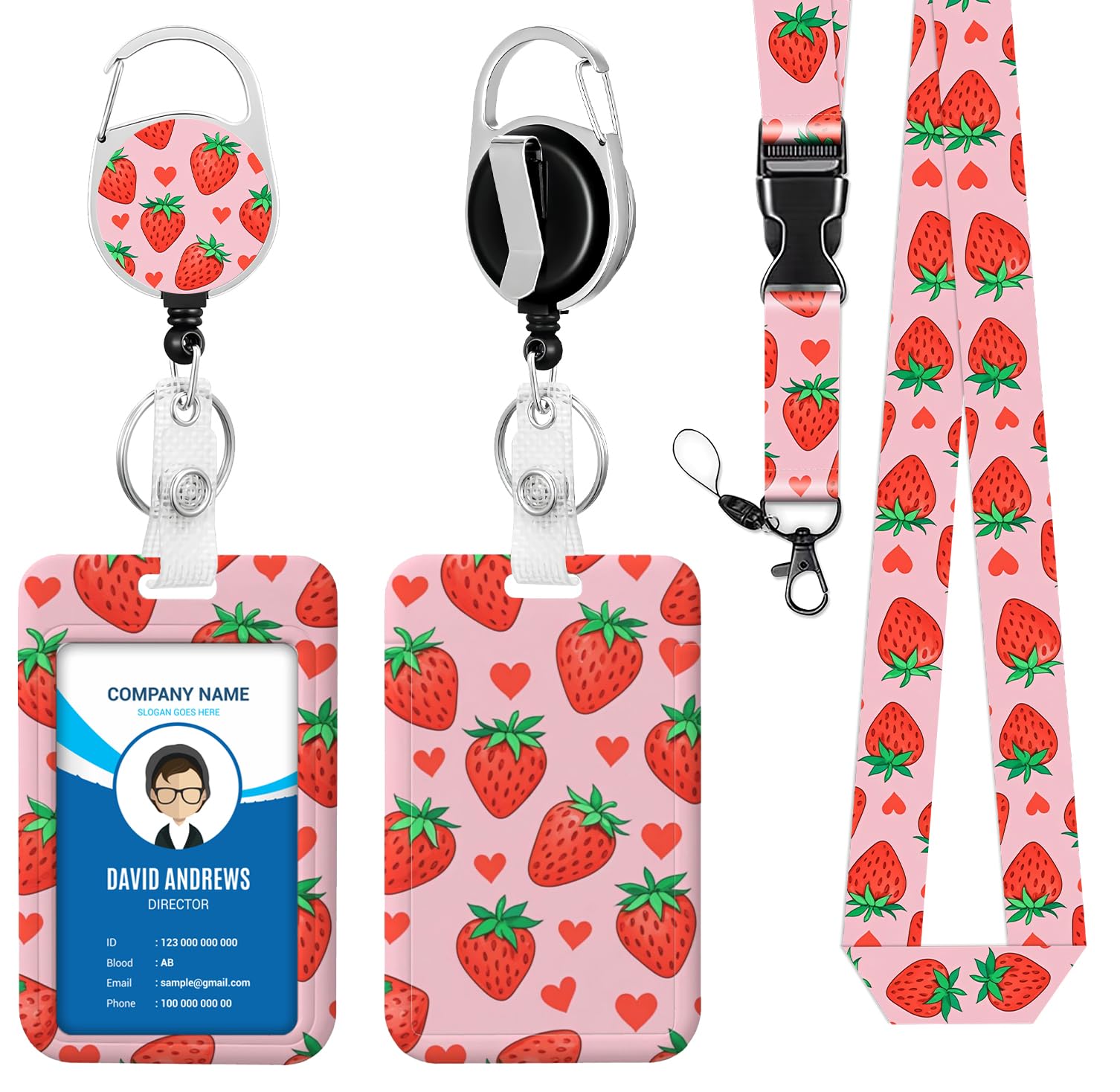 Lanyard for ID Badge Holder Badge Reel Cute Strawberry Pastel Pink for Man Women Cute Nurse Teacher Name Tag Clip Retractable Keychain Heavy Duty Work Office Gifts Accessories