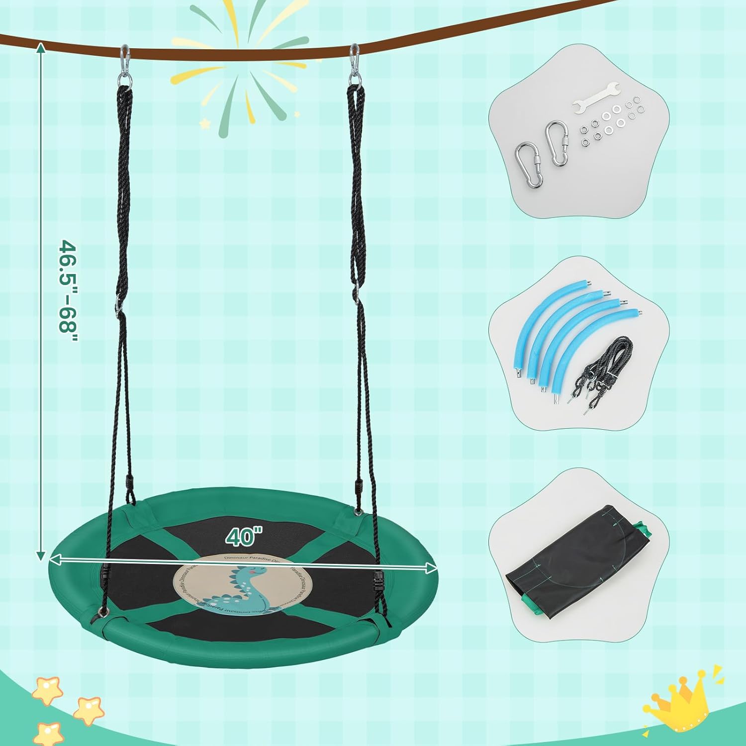 Costzon 40” Saucer Tree Swing for Kids, Flying Saucer Swing with 2 Carabiners, Adjustable Ropes, Waterproof 900D Oxford Cloth, Round Swing for Outdoor Playground, Backyard (Green Dinosaur)