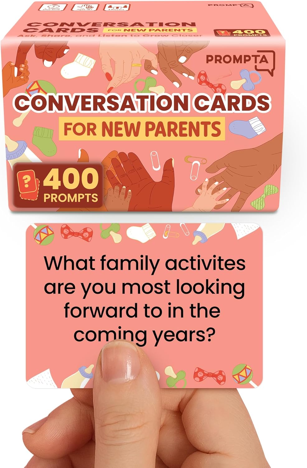 Prompta 400 Conversation Cards for New Parents – Fun Questions to Connect and Talk About Parenting Essentials – Gift for First-Time Mom & Dad – 2.5" x 1.75" Sized Cards – Expecting Couples