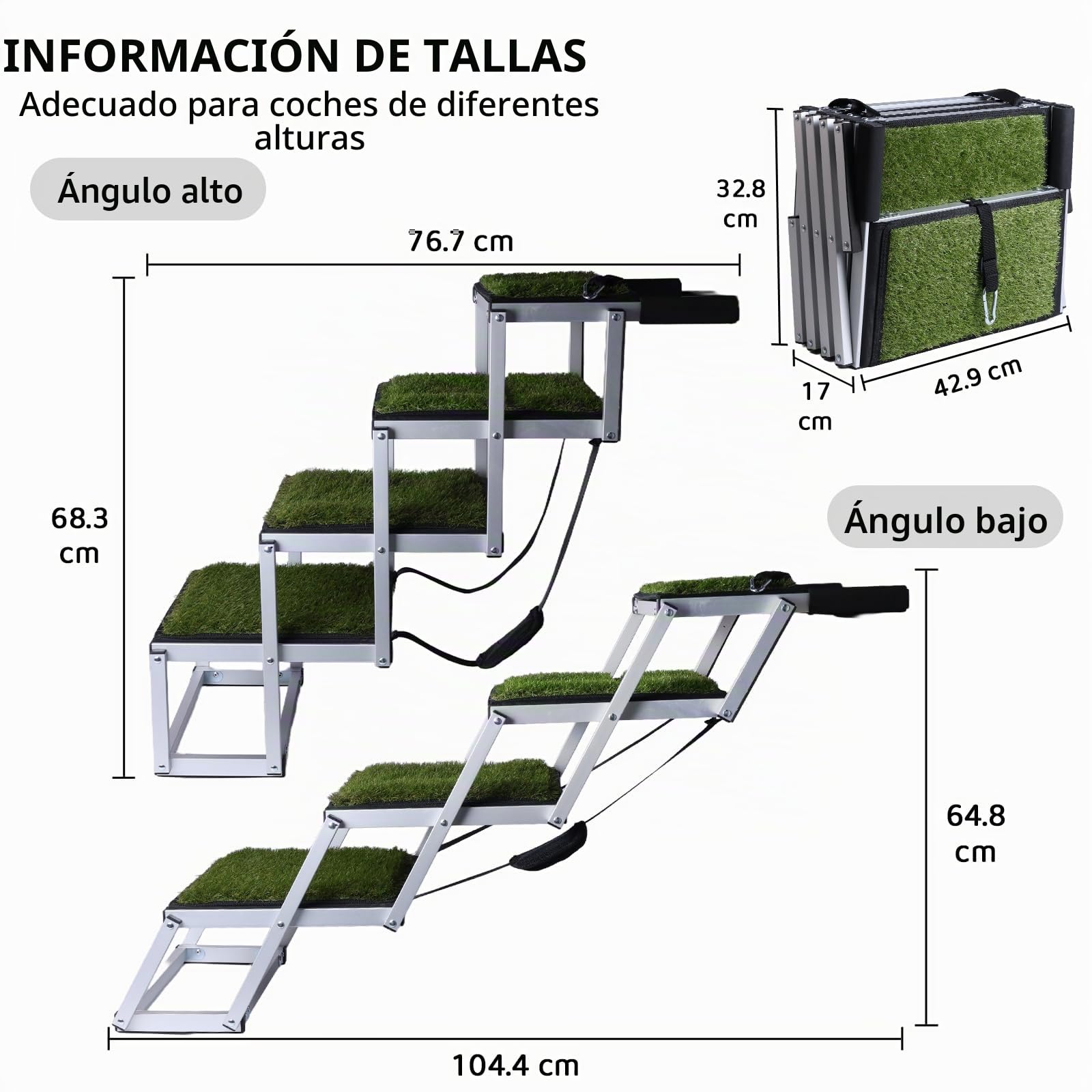 Escalera para perros para coche, rampa para perros, plegable, superficie antideslizante de césped artificial, ayuda para el acceso a todos los vehículos, altura ajustable, soporta hasta 80 kg
